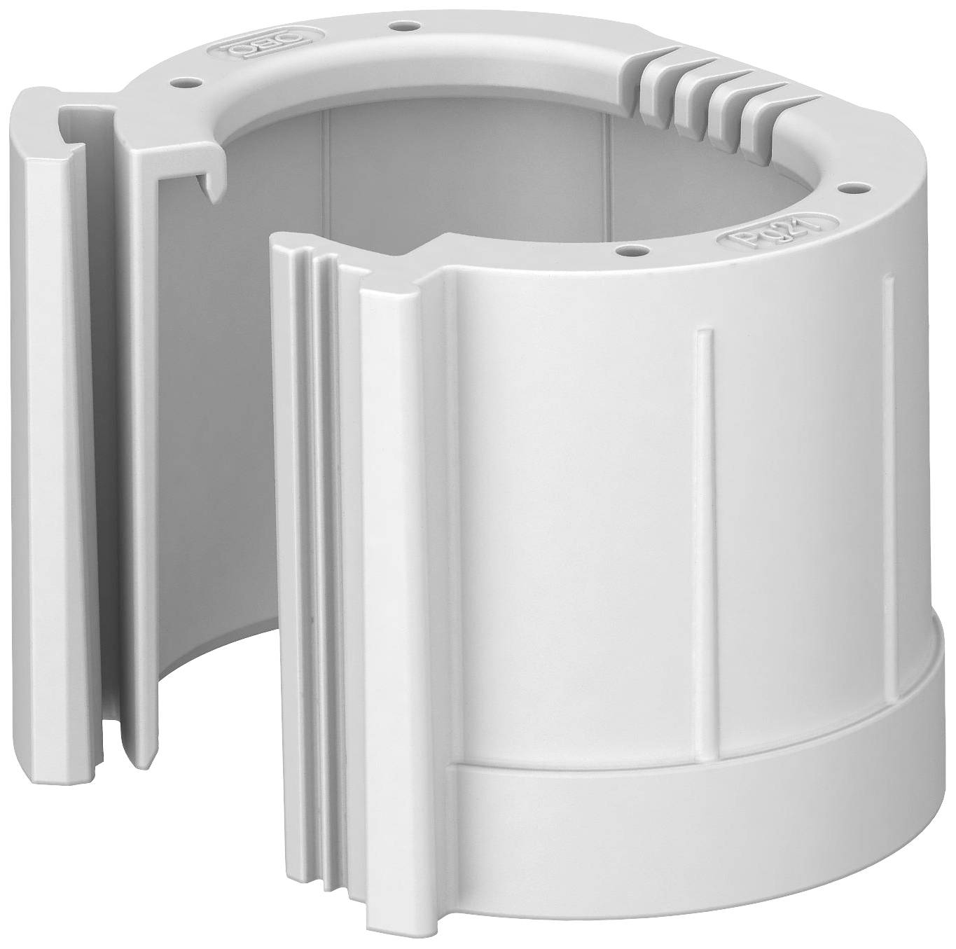 Graue, röhrenförmige Kunststoffspule mit vertikalen und horizontalen Rillen, möglicherweise ein technisches Teil oder Zubehör.