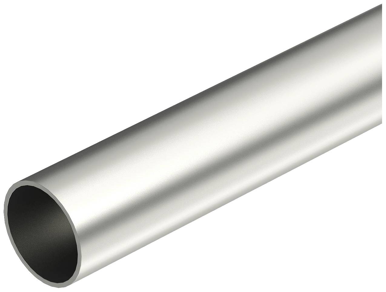 Ein silbernes zylindrisches Metallrohr, das nach rechts oben zeigt, mit dunklem Innenraum und glänzender, glatter Oberfläche.