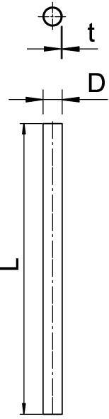 Technische Zeichnung eines Rohrs mit den Maßen 'D' für den Durchmesser, 't' für die Wanddicke und 'L' für die Länge.