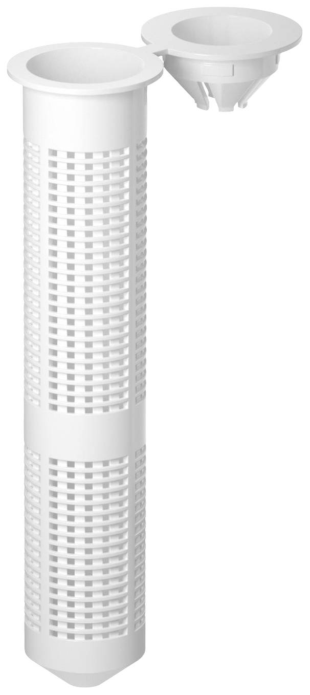 Ein weißer, zylinderförmiger Filtereinsatz mit zahlreichen Löchern, verwendet für die Wasserfiltration in einem Syphon oder Abfluss.