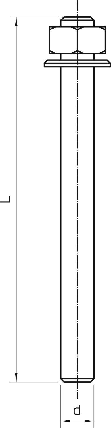 Technische Zeichnung einer Schraube mit Mutter, Längenmaß 'L' und Durchmesser 'd' sind angegeben.
