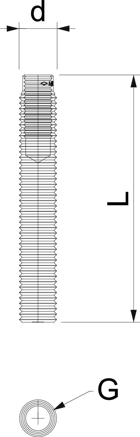 Technische Zeichnung eines Schraubengewindes mit Beschriftungen für Durchmesser 'd' und Länge 'L'. Querschnittsansicht zeigt Details des Gewindes 'G'.