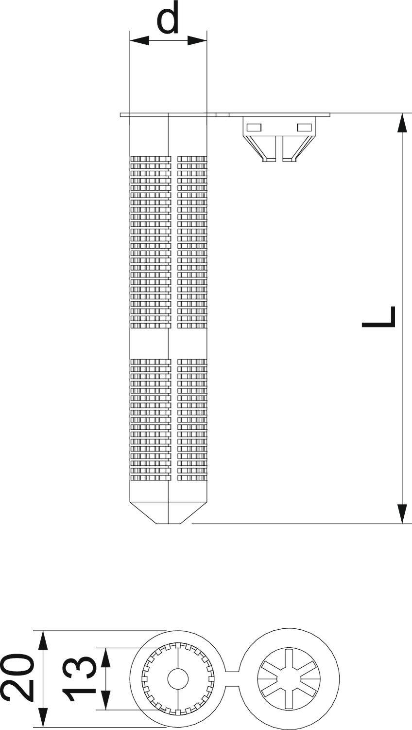 Technische Zeichnung einer Kunststoffdübel. Oben: Länge 'L' mit einem symmetrischen, gerändelten Schaft; unten: Durchmesser 'd'.