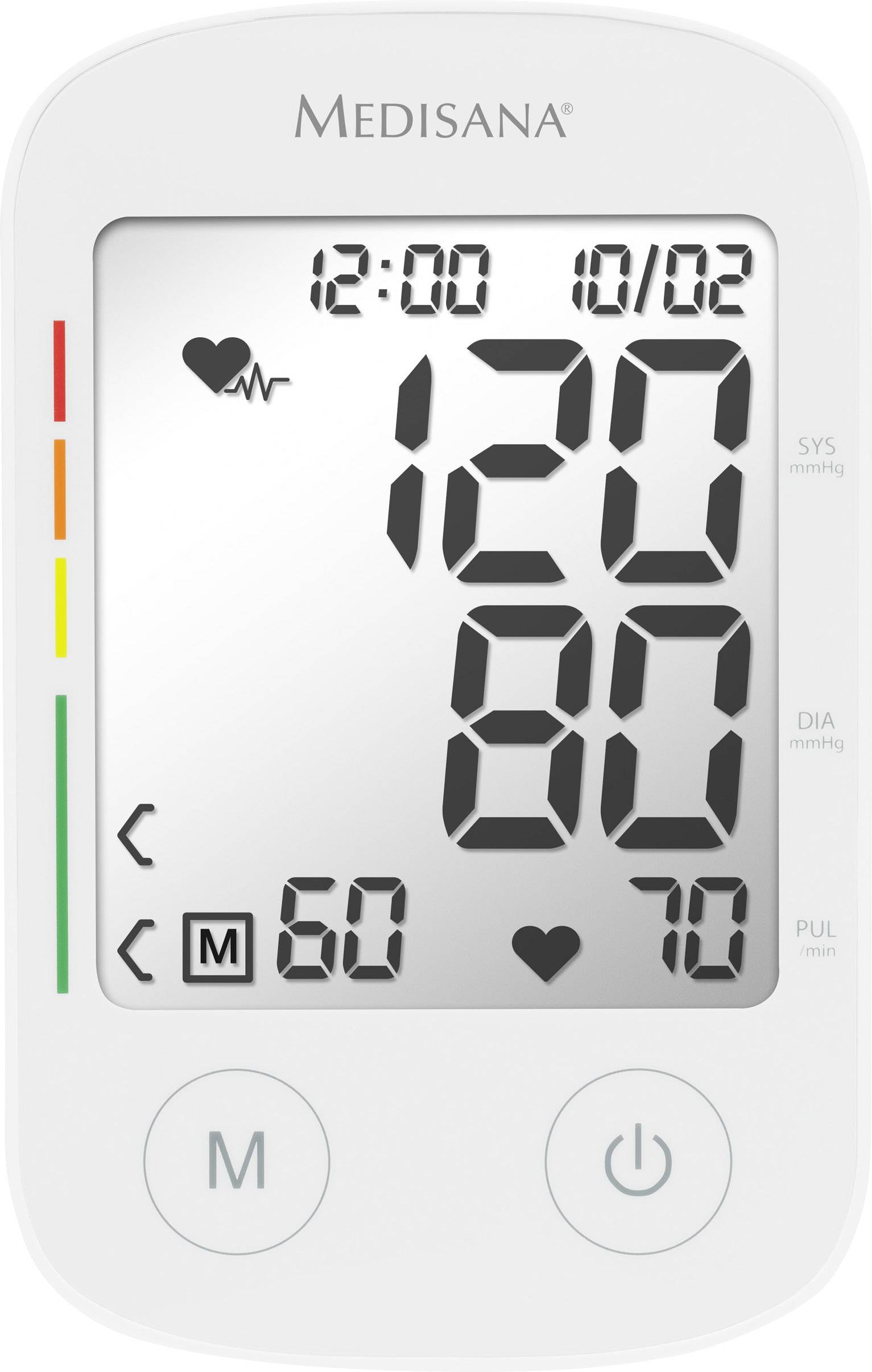 Blutdruckmessgerät mit Anzeige: 120 zu 80 mmHg; Puls 70. Display zeigt Datum und Uhrzeit. Grafische Indikatorleiste links.