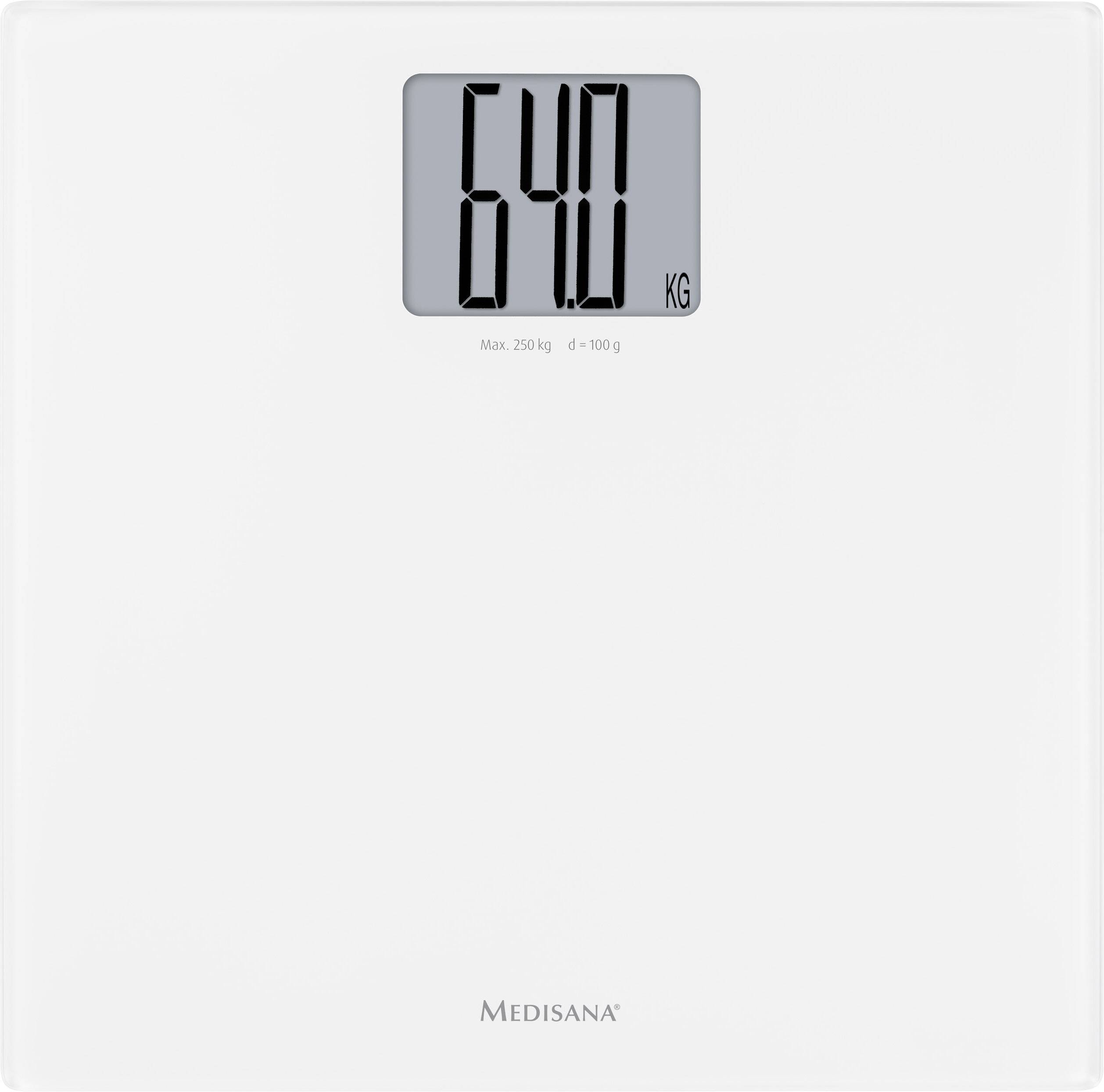 Digitale Personenwaage mit einer Anzeige von 64,0 kg. Hintergrund ist weiß, mit dem Markennamen unten sichtbar.