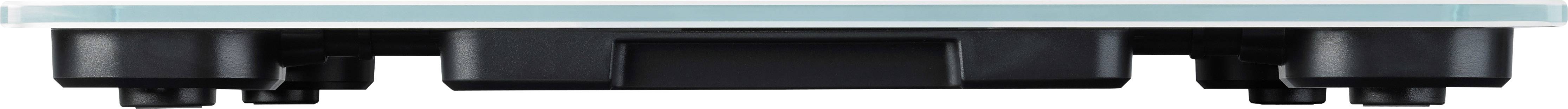 Waage in seitlicher Ansicht mit digitaler Anzeige oben; schwarze Basis und Glasoberfläche.