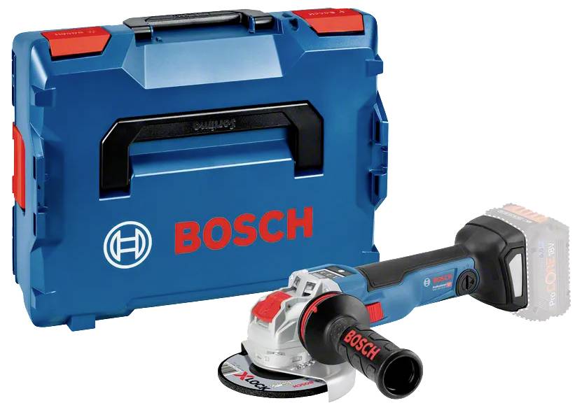 Bosch Akku-Winkelschleifer mit Koffer; blaues und rotes Design, ausgestattet mit einer Schleifscheibe und ergonomischem Griff; ideal für professionellen Einsatz.