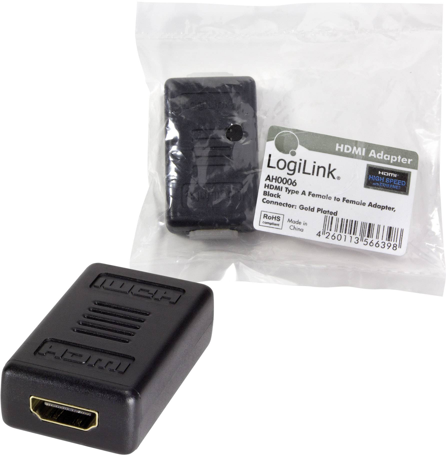 Ein HDMI-Adapter von LogiLink, Modell AH0006, schwarz, weiblich auf weiblich, in geöffneter Plastikverpackung.
