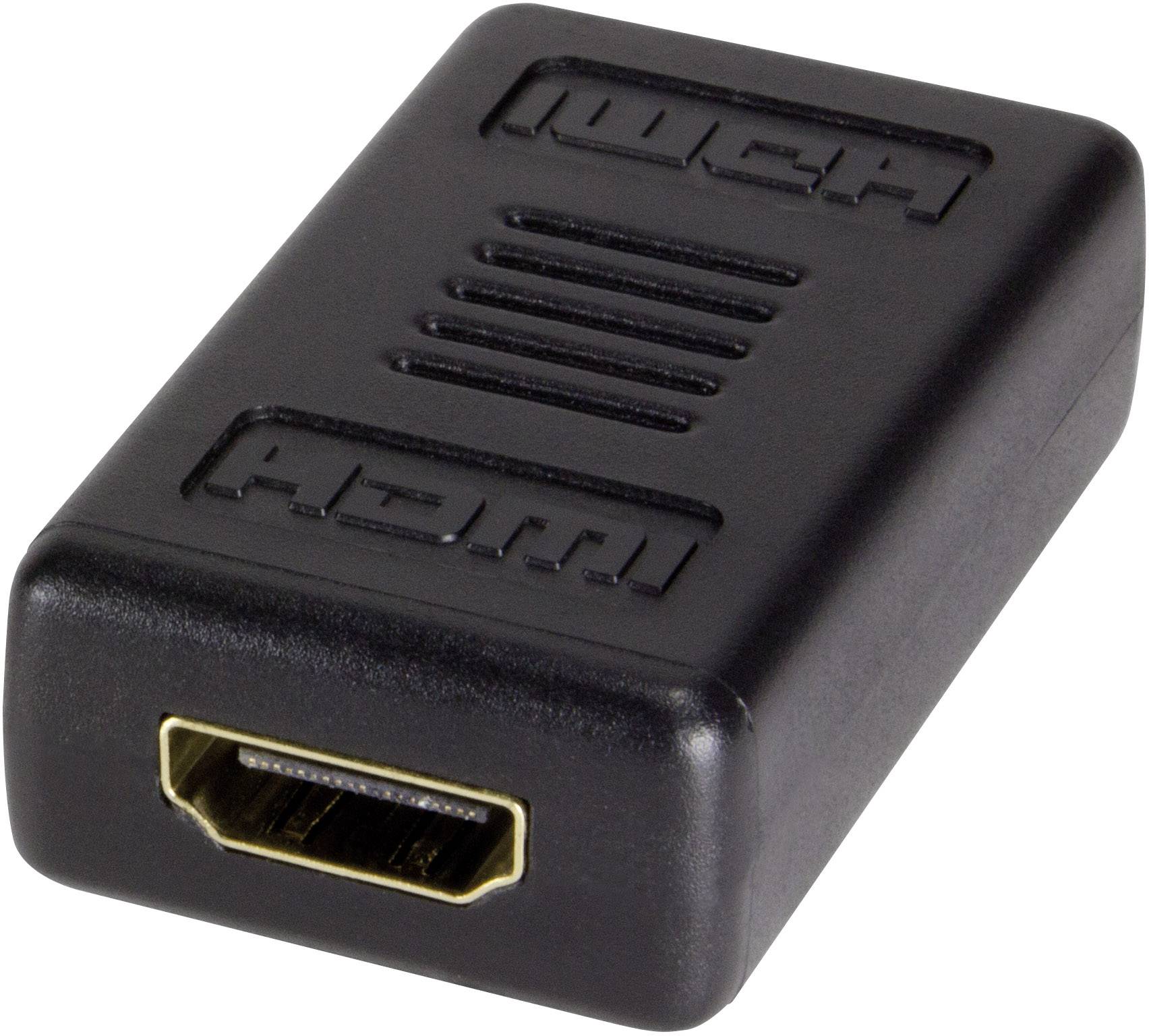 Ein kleiner, schwarzer HDMI-Kupplungsadapter mit HDMI-Anschlüssen an beiden Enden, dient zum Verbinden von zwei HDMI-Kabeln.