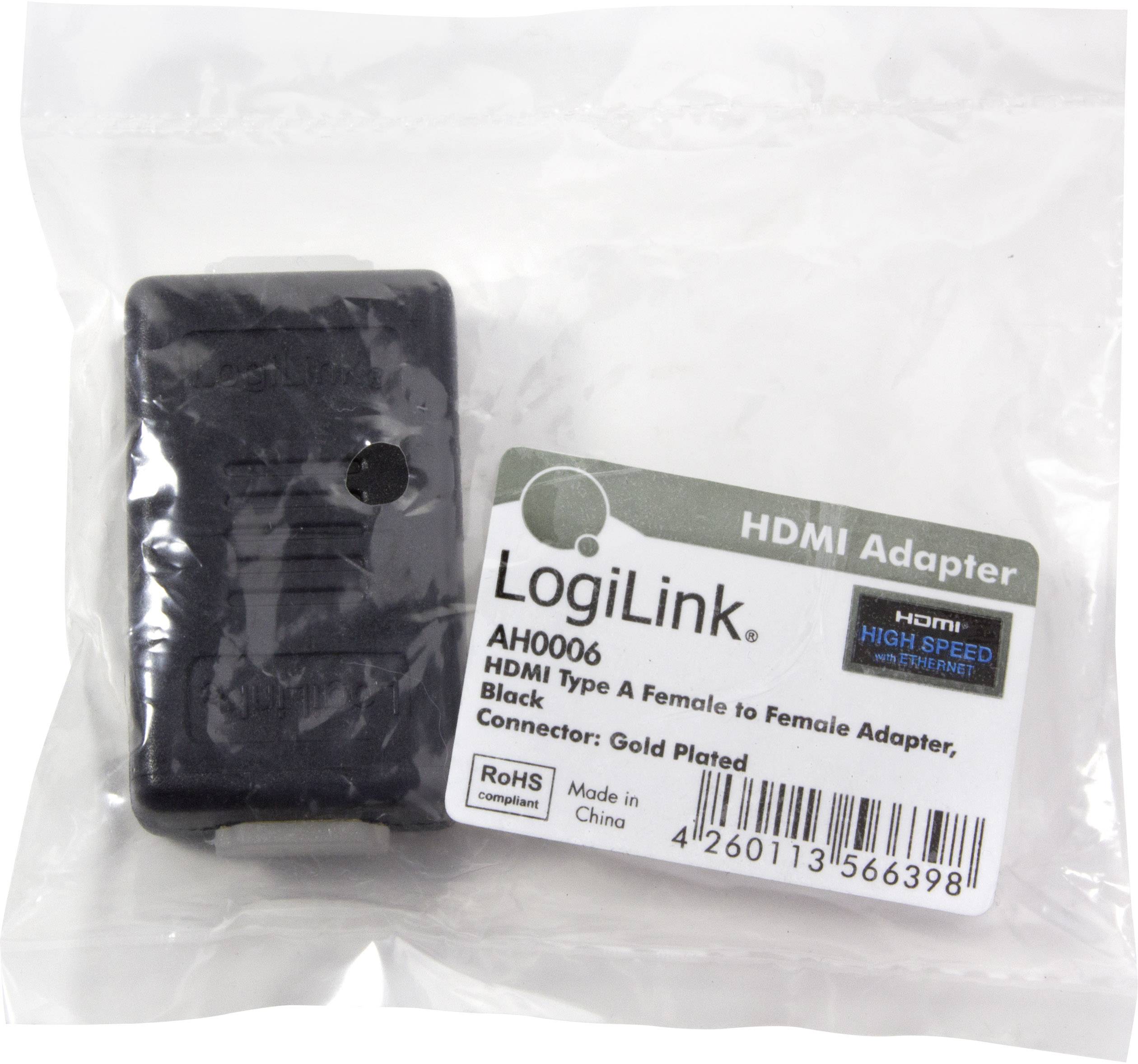 HDMI-Adapter in Kunststoffverpackung. Etikett zeigt 'LogiLink HDMI Type A Female to Female Adapter, Black'. Made in China.