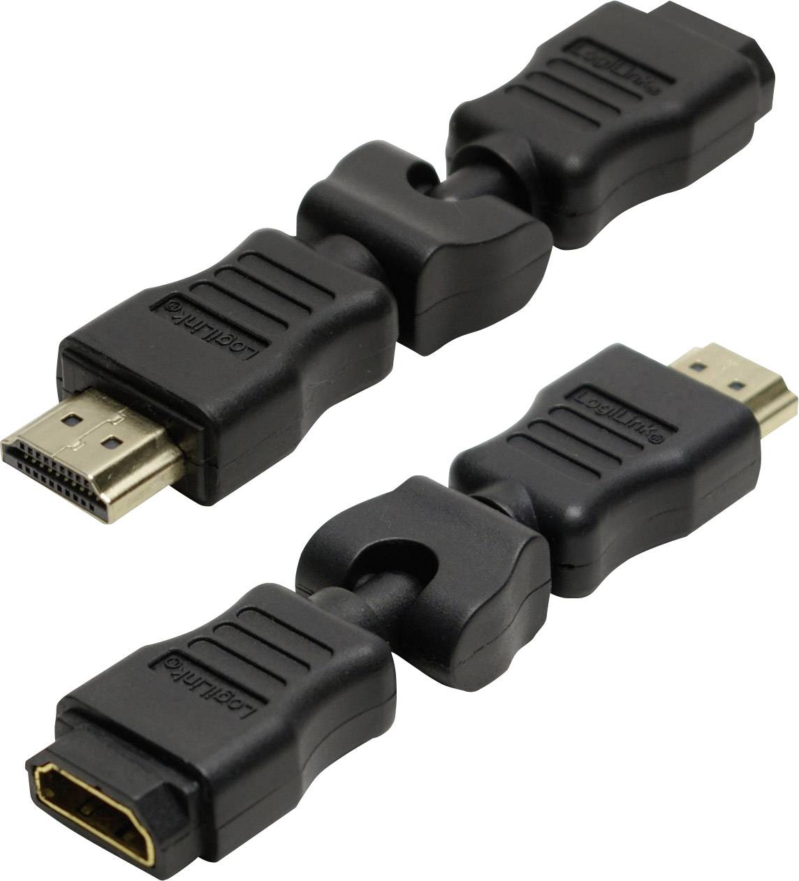 Zwei schwarze, flexible HDMI-Kabeladapter mit Drehgelenk, ermöglichen Verbindungen in engen Bereichen.