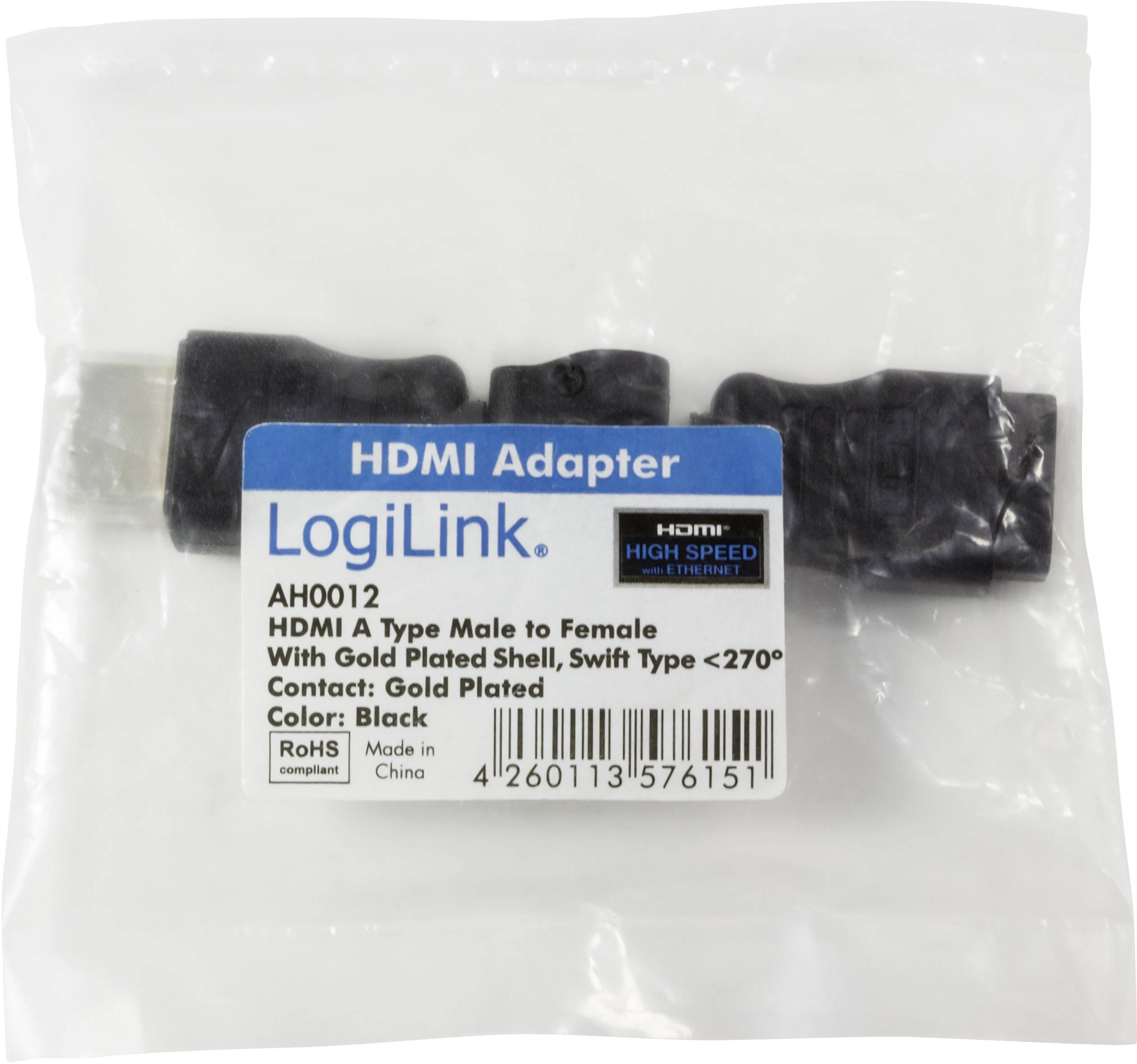 'LogiLink HDMI Adapter' in originaler Verpackung, verbindet HDMI A-Typ Stecker mit Buchse, mit vergoldeten Kontakten, Farbe: Schwarz.