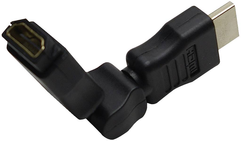 Ein schwarzer, um 90 Grad abgewinkelter HDMI-Adapter zur Verbindung von HDMI-Kabeln in engen oder schwer zugänglichen Bereichen.