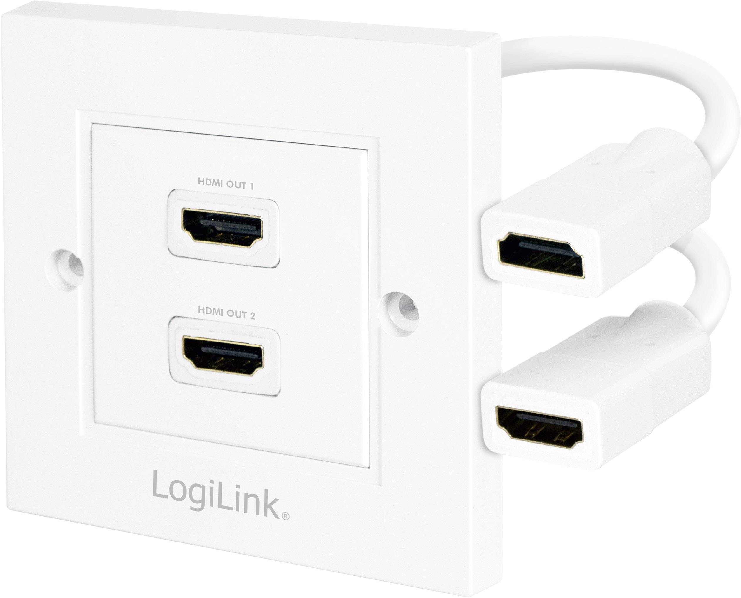 HDMI-Wandanschluss von LogiLink mit zwei HDMI-Ausgängen und zwei Kabeln. Weißes Design.