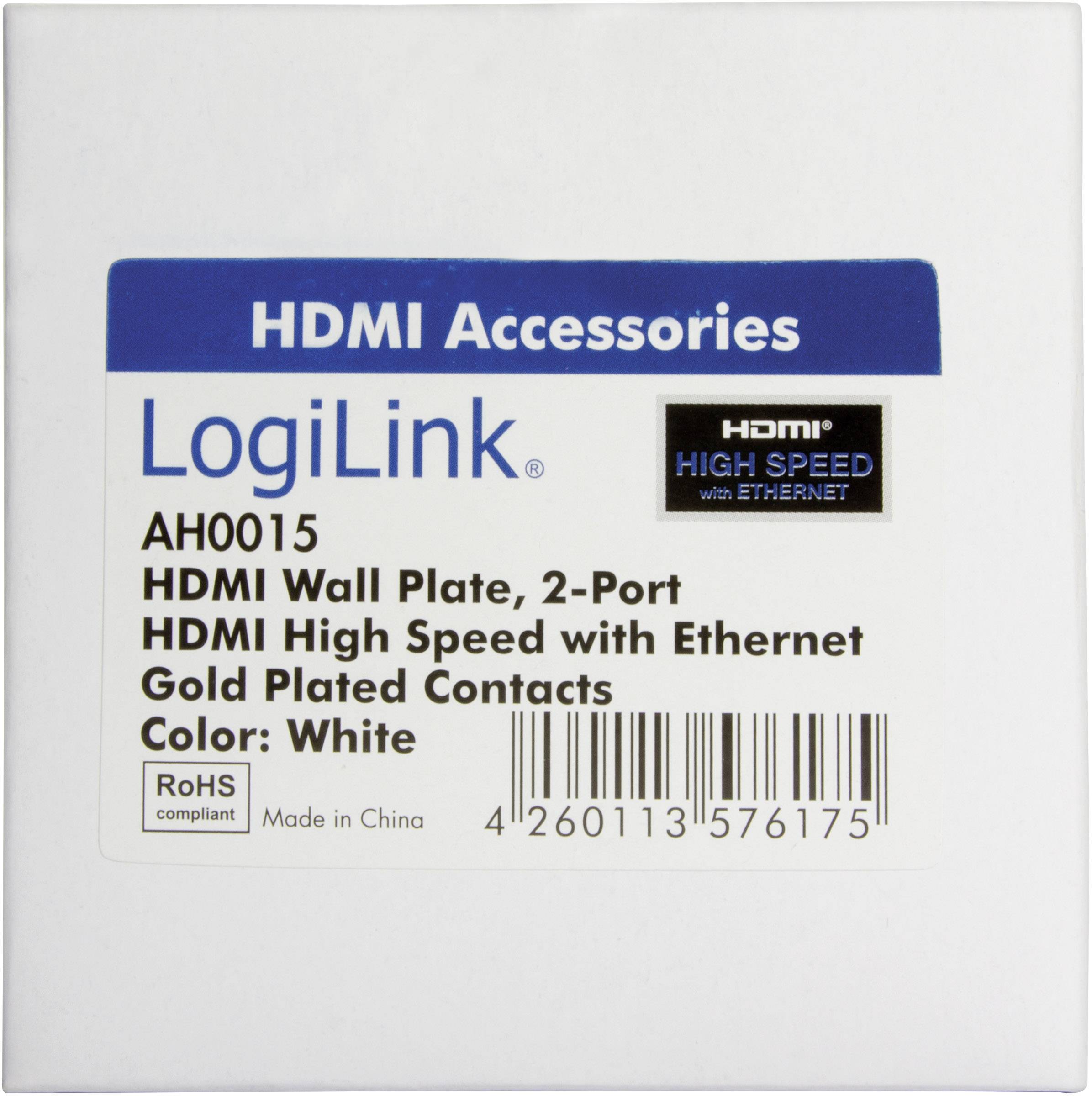 HDMI-Wandplatte von LogiLink, Modell AH0015: 2-Port, HDMI High Speed mit Ethernet, vergoldete Kontakte, Farbe: Weiß. Hergestellt in China.
