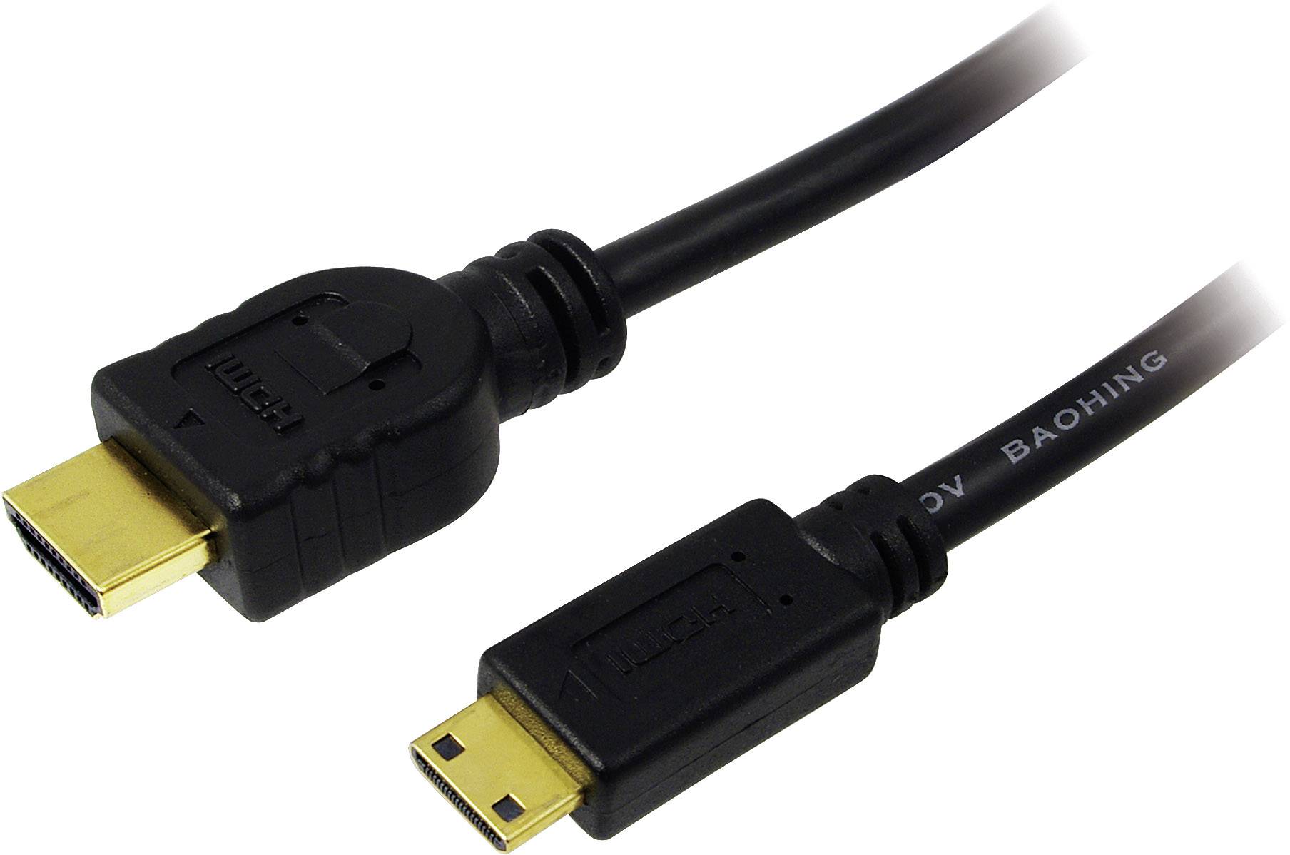 Ein schwarzes Kabel mit einem HDMI-Stecker auf der linken Seite und einem Mini-HDMI-Stecker auf der rechten Seite.