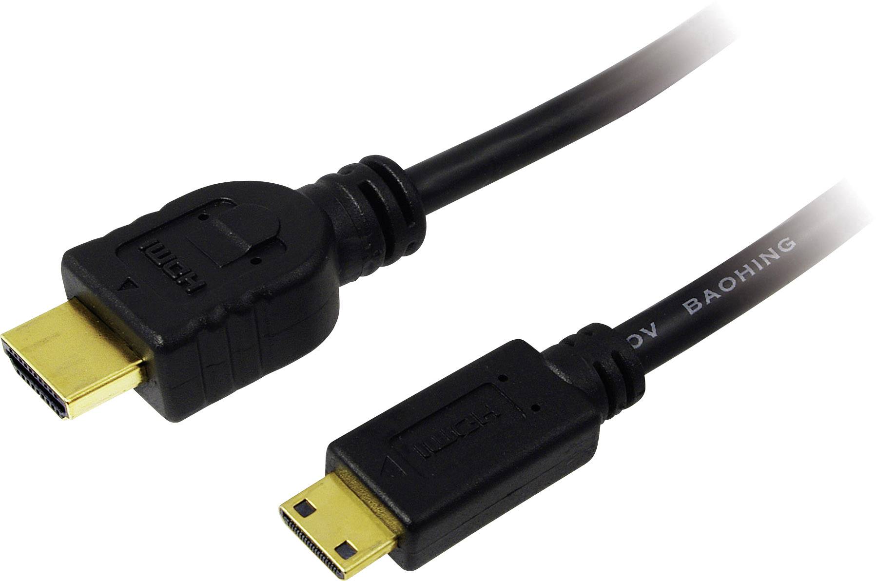 Ein HDMI auf Mini-HDMI Kabel, schwarz, zur Übertragung von Audio- und Videosignalen, mit einem Standardstecker und einem kleineren Mini-Stecker.