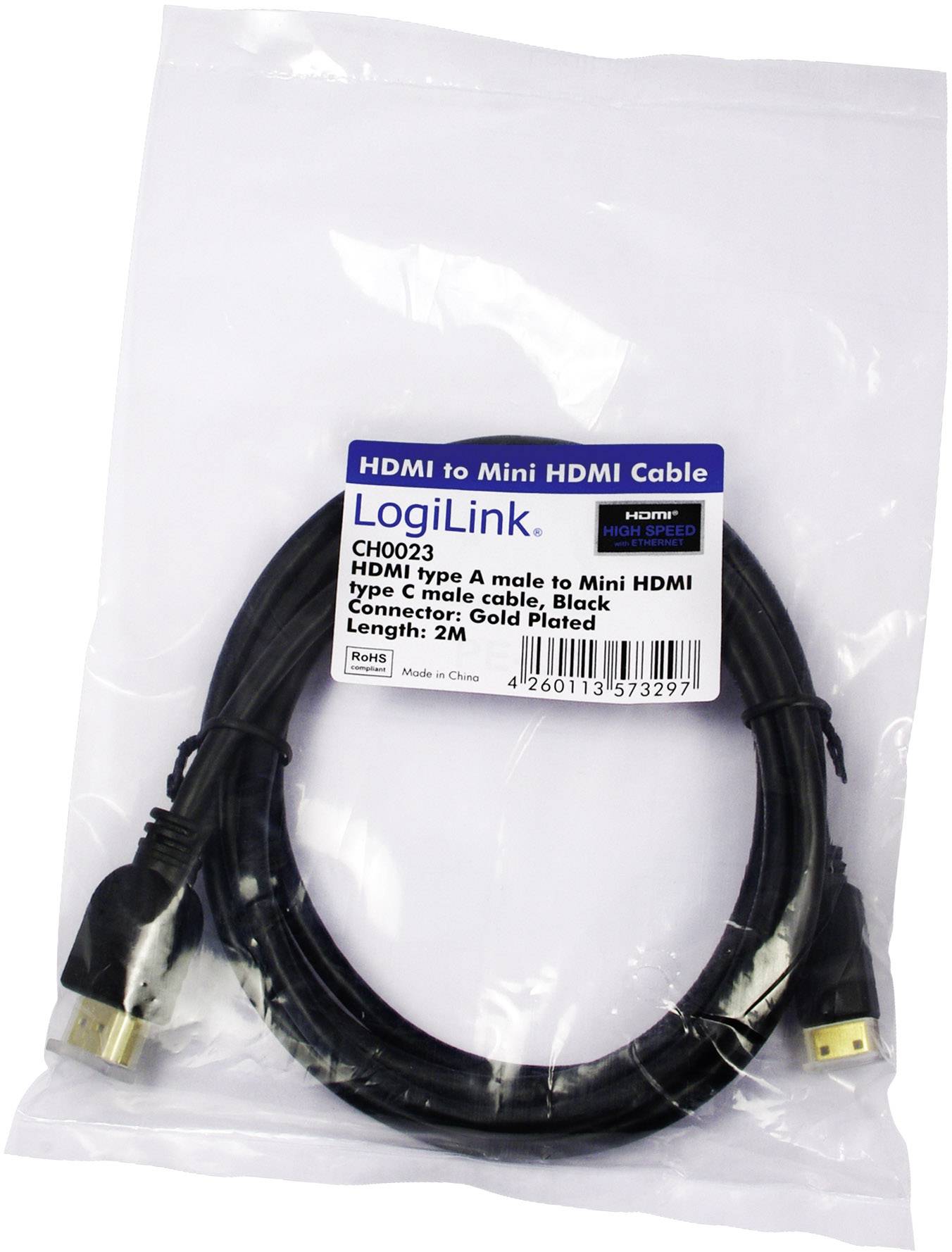 HDMI zu Mini HDMI Kabel, schwarzes Kabel, goldene Stecker, 2 Meter Länge, Marke: LogiLink.