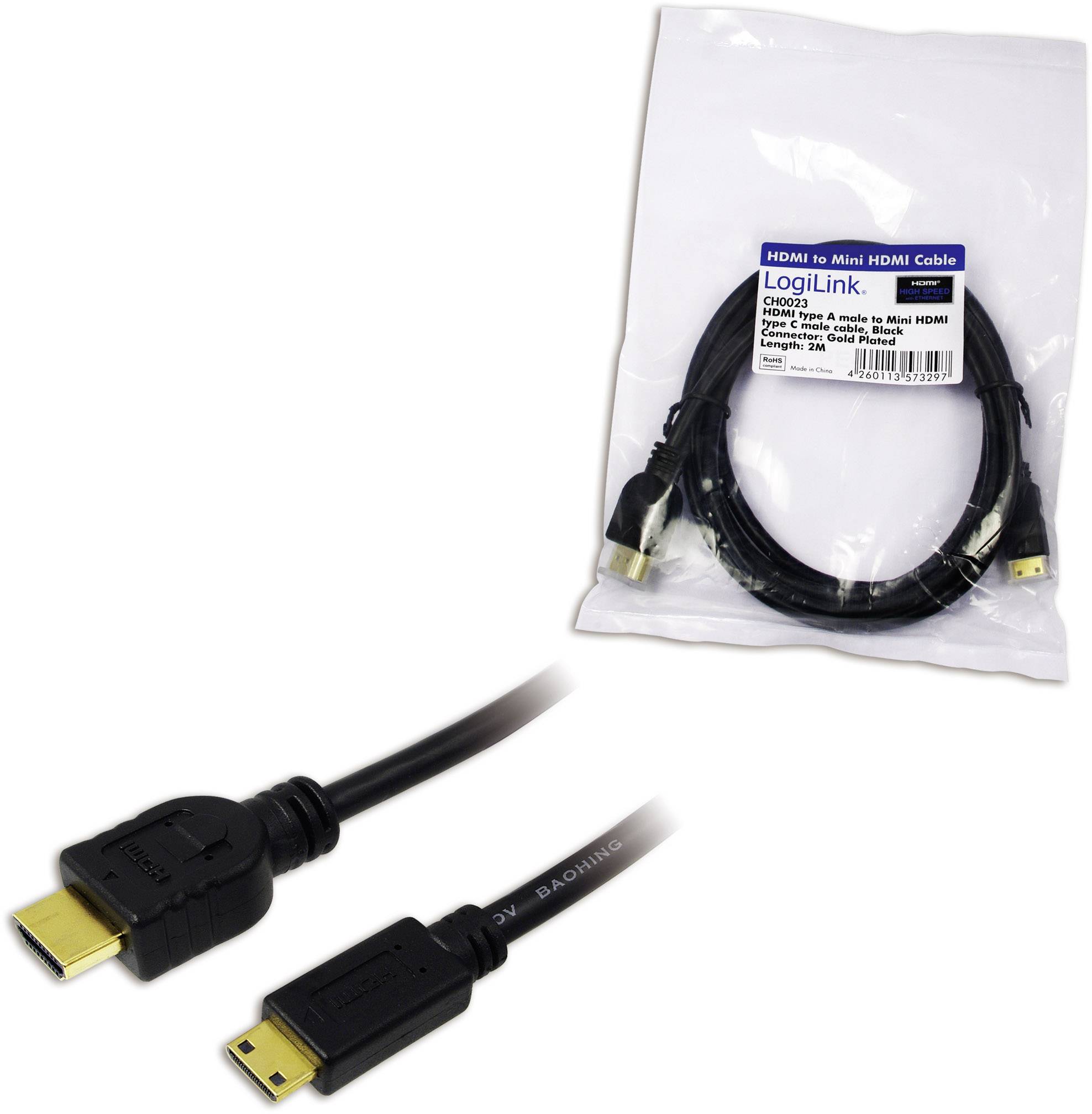 HDMI zu Mini HDMI Kabel, 2 m, LogiLink. Geeignet für HDTV und Digital-Kameras. Abgebildet: Kabel in Verpackung und Nahaufnahme der Anschlüsse.