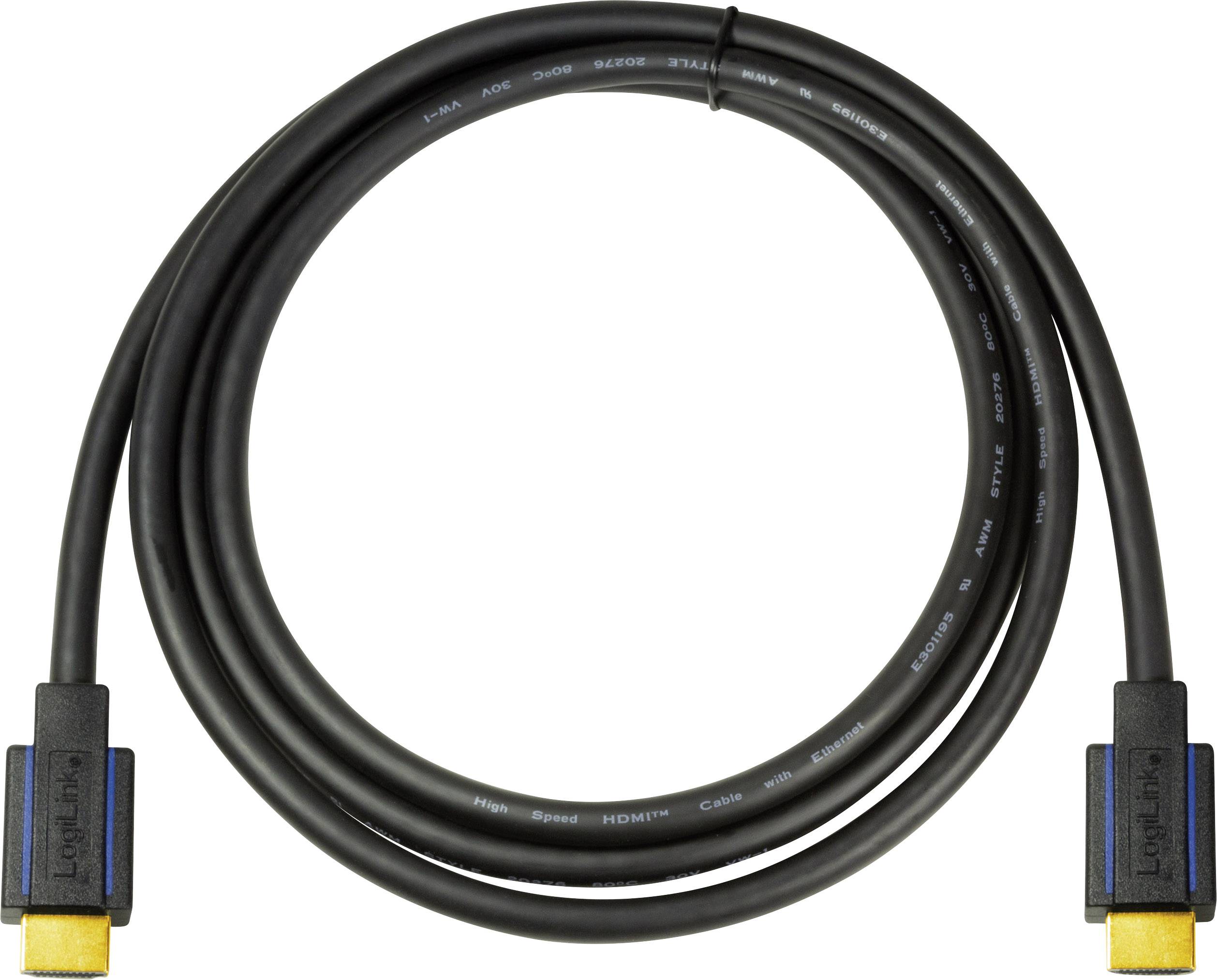 Schwarzes HDMI-Kabel mit goldfarbenen Steckern, aufgerollt in einem Kreis.