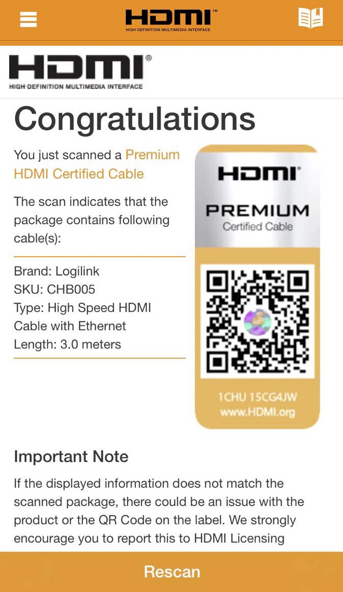 Glückwunsch: Sie haben ein Premium HDMI-zertifiziertes Kabel gescannt. Marke: Logilink, SKU: CHB005, Typ: High-Speed-HDMI.