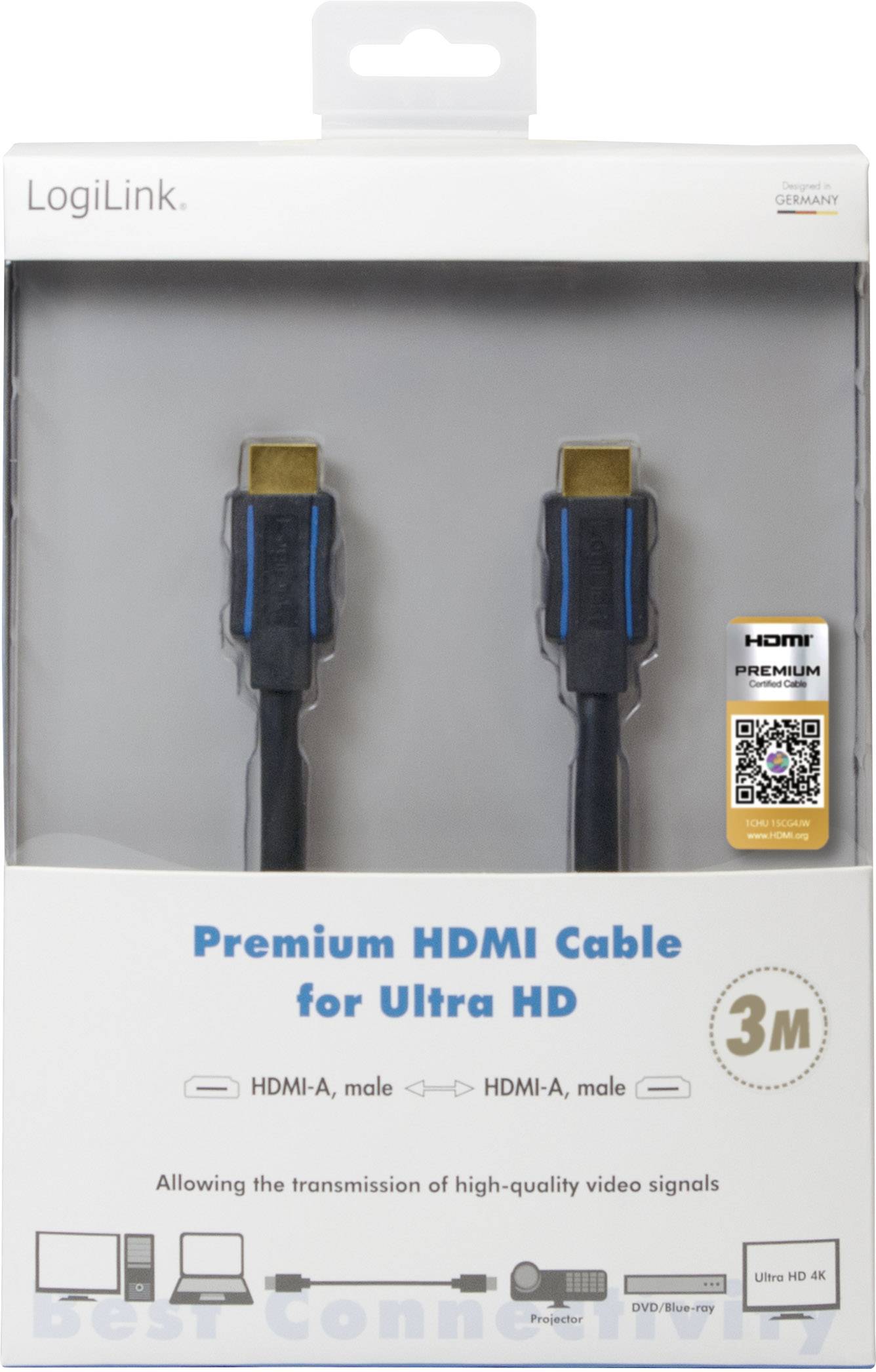 LogiLink Premium HDMI Kabel für Ultra HD, 3 m Länge. Unterstützt die Übertragung von hochqualitativen Video-Signalen.