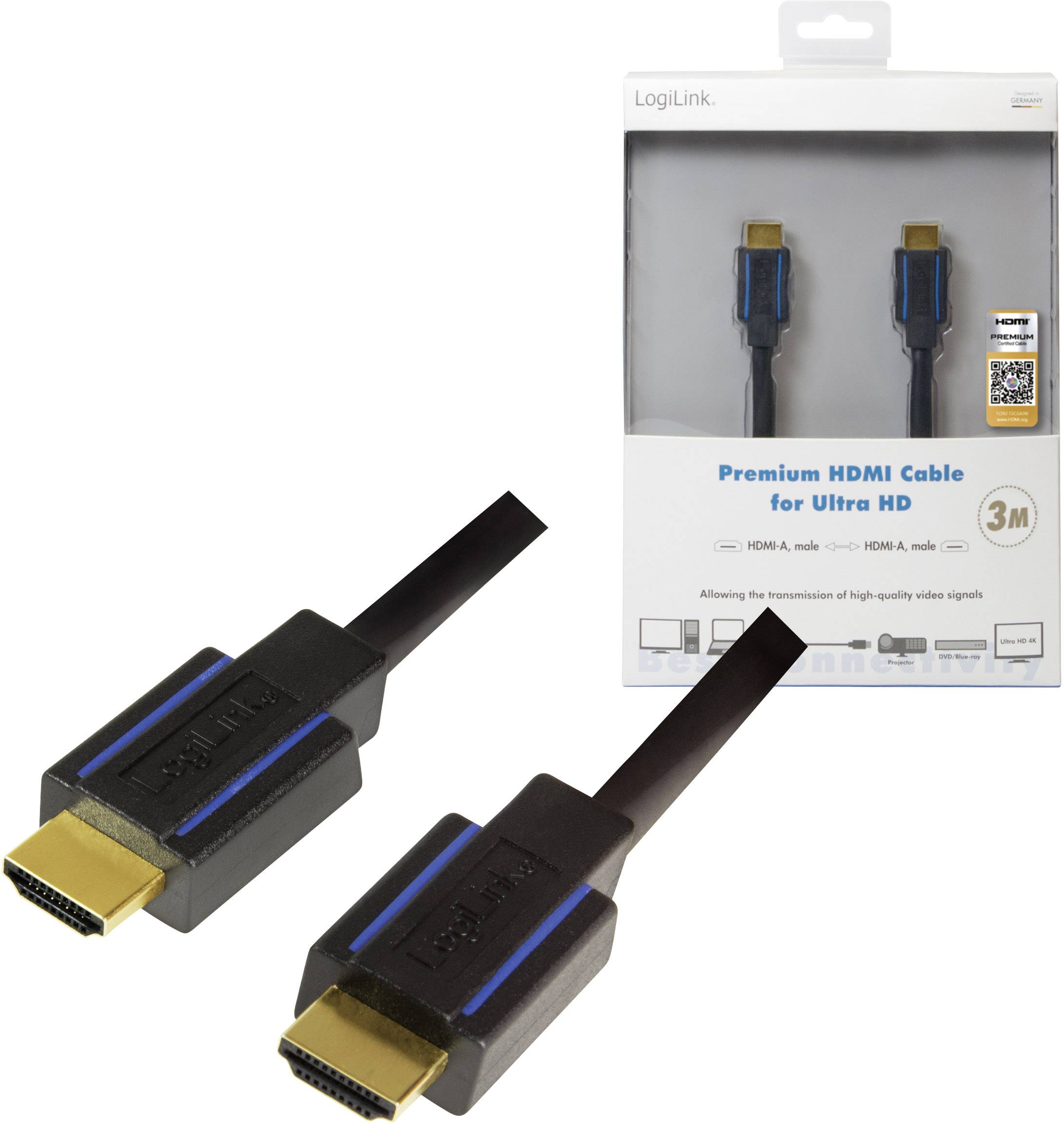 Zwei HDMI-Kabel mit vergoldeten Steckern, geeignet für Ultra HD, 3 Meter lang. Verpackung zeigt Produkt und QR-Code links.