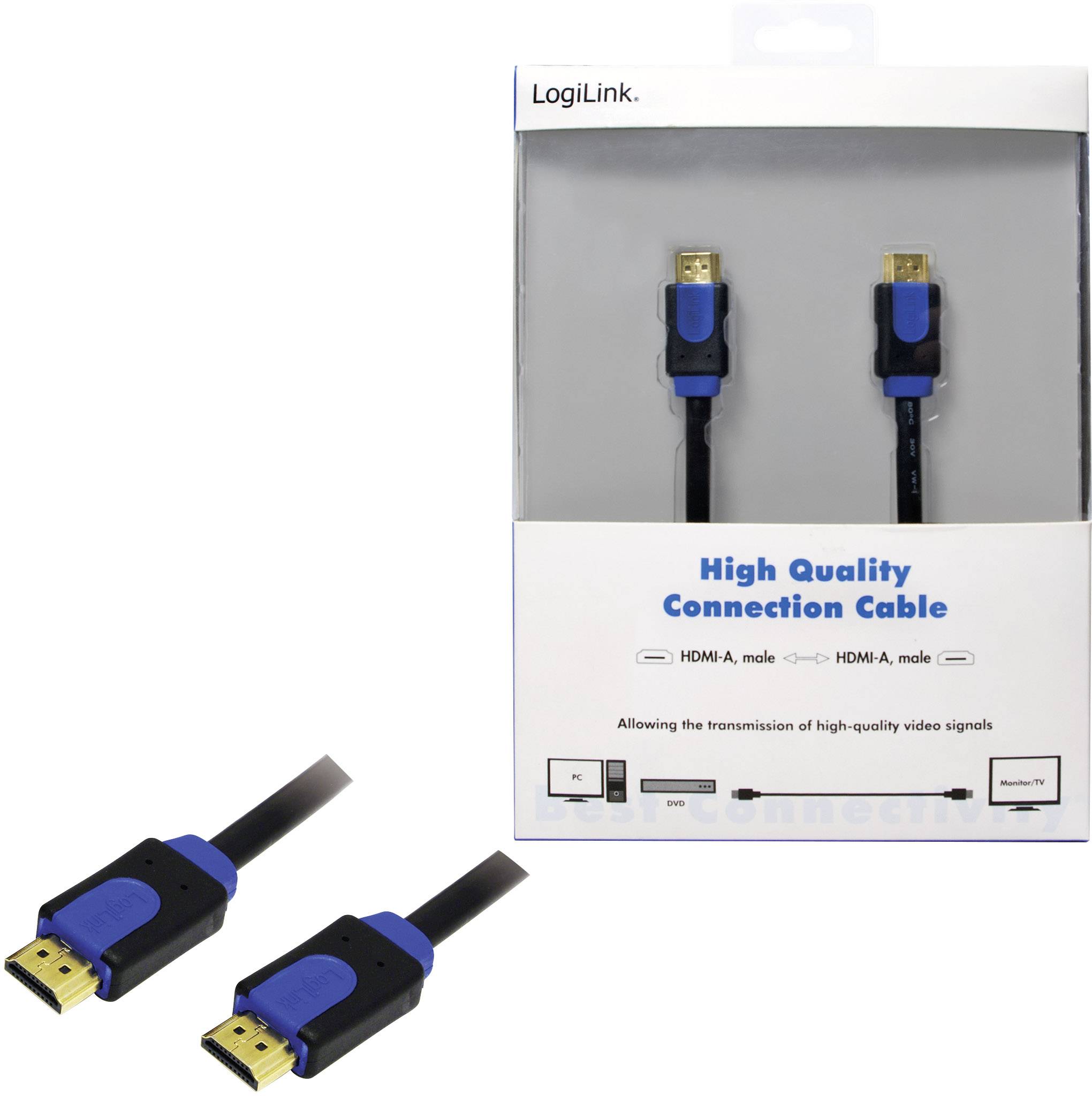 HDMI-Kabel mit blauen und schwarzen Anschlüssen in einer Verpackung von LogiLink, beschriftet als 'High Quality Connection Cable'.