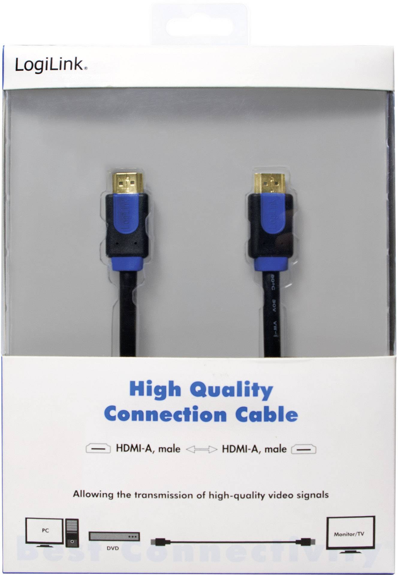 'LogiLink High Quality Connection Cable', HDMI-A zu HDMI-A, zur Übertragung von hochwertigen Videosignalen.