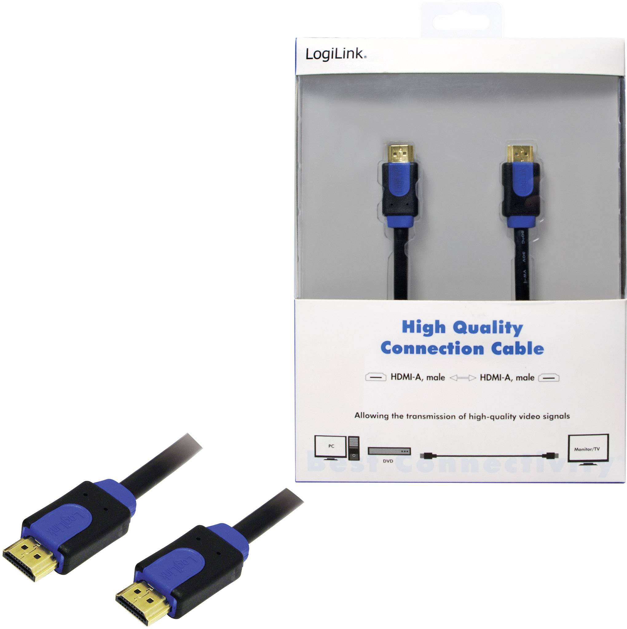 'LogiLink High Quality Connection Cable' Verpackung mit HDMI-Kabel. Aufdruck: 'Ermöglicht Übertragung von hochauflösenden Videosignalen.'