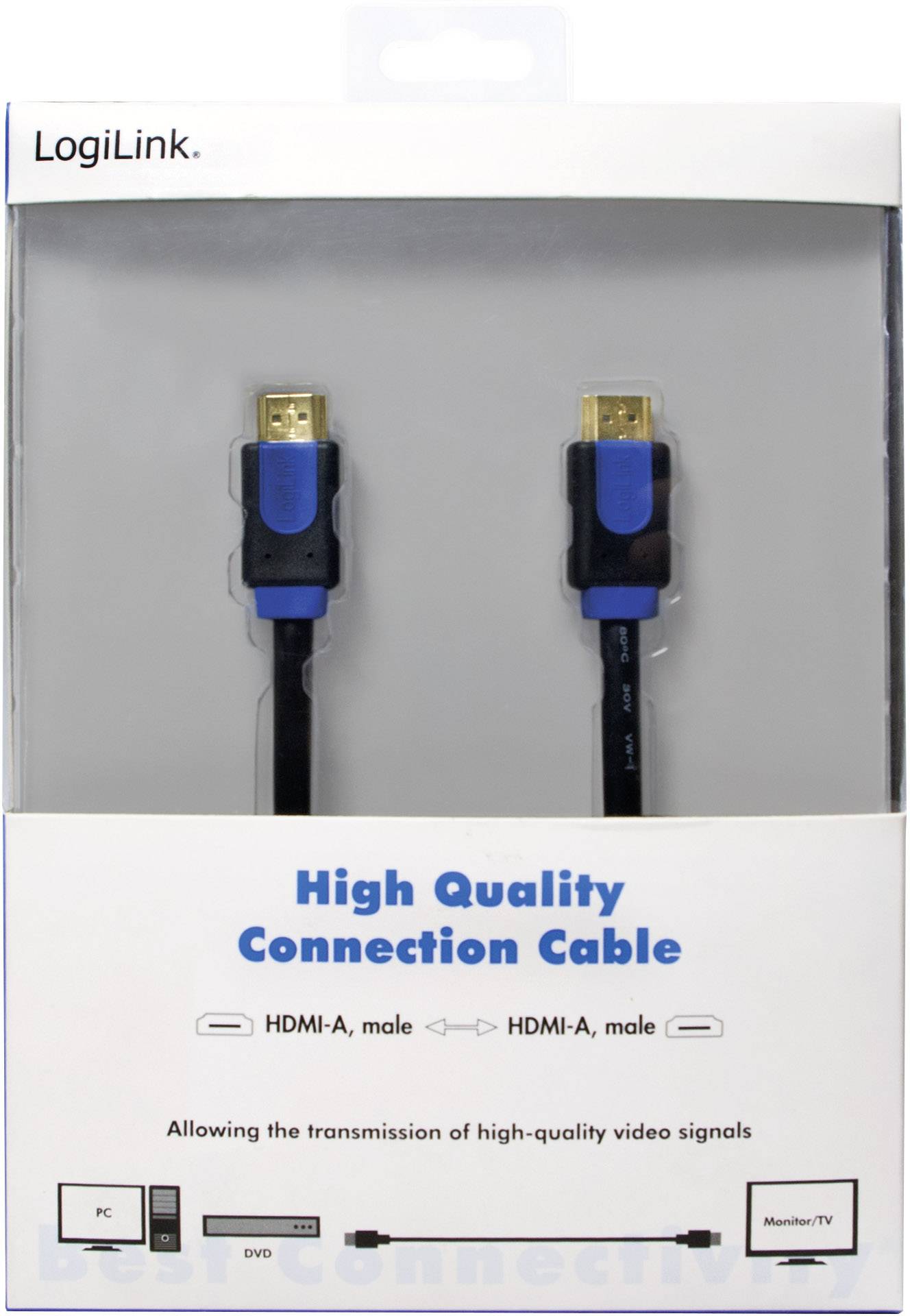 Eine graue Verpackung mit zwei blauen HDMI-Kabeln. Aufschrift: 'High Quality Connection Cable'. Pfeile zeigen Verbindung zwischen PC/DVD und Monitor/TV.