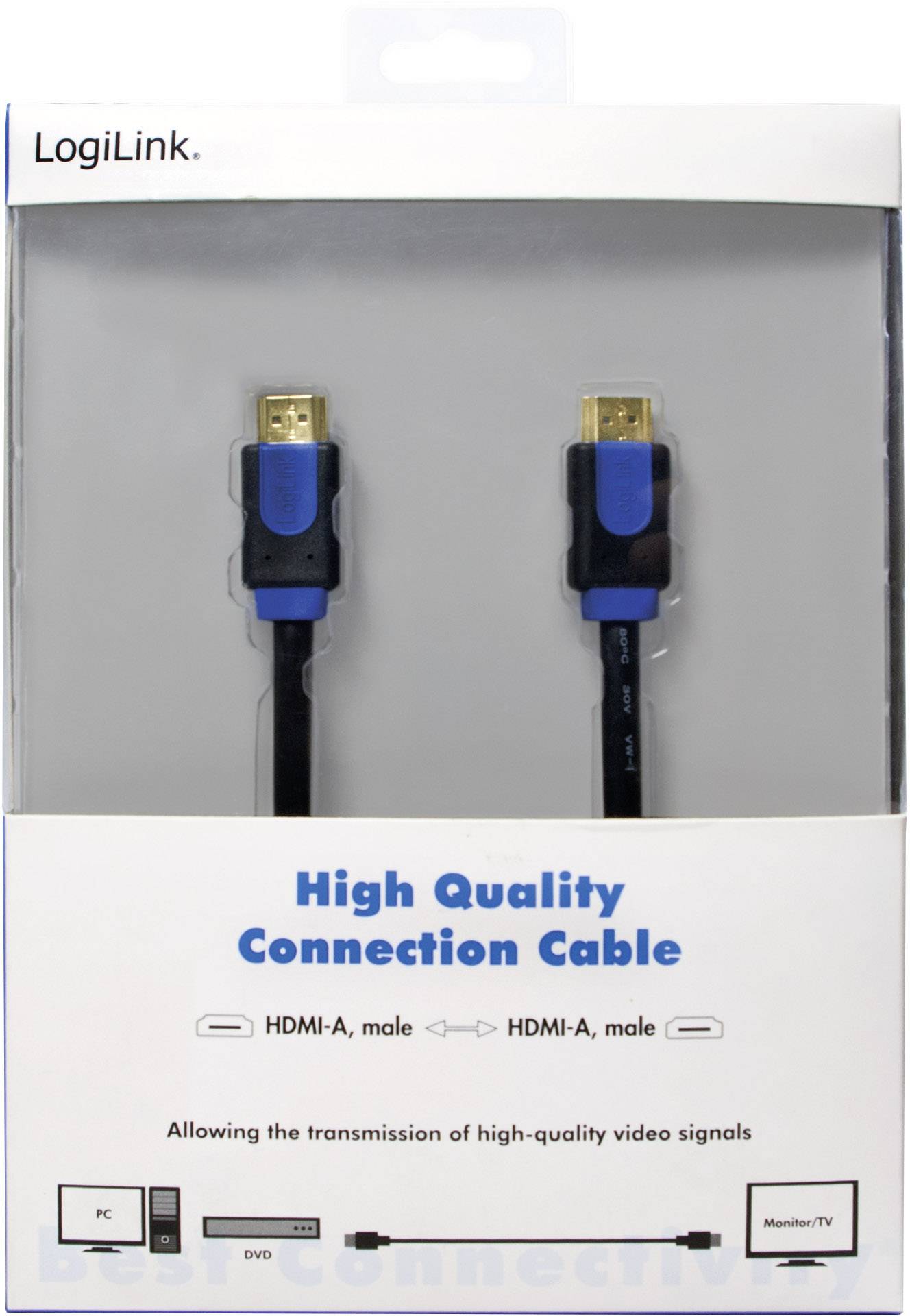 Zwei HDMI-A-Stecker auf einem LogiLink 'High Quality Connection Cable'-Verpackung. Eignet sich für PC, DVD und Monitor/TV-Verbindungen.