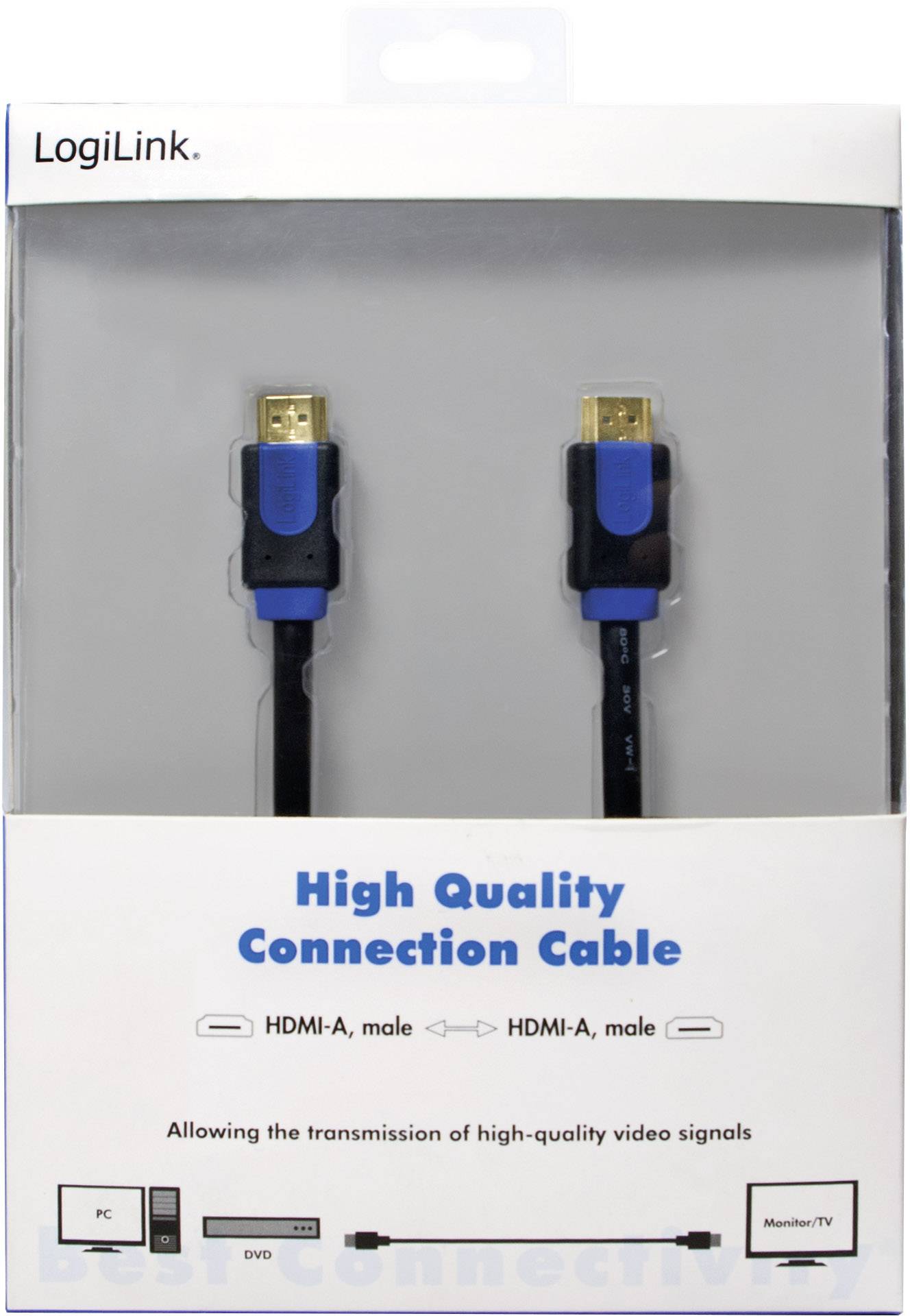 Zwei HDMI-Kabel in einer Verpackung von LogiLink. Aufschrift: 'High Quality Connection Cable'. Geeignet für PC, DVD, Monitor/TV.