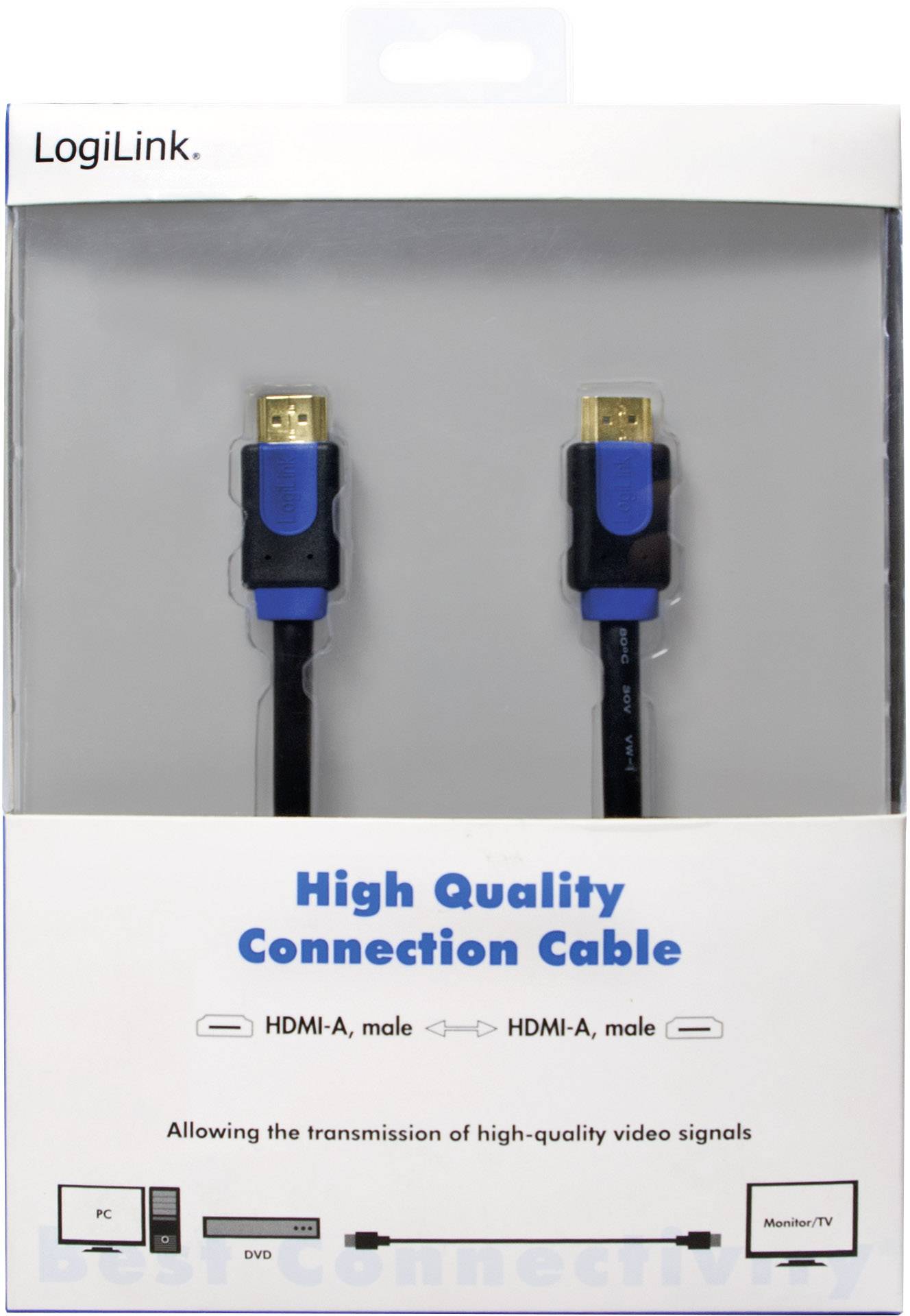 Zwei HDMI-Kabel in einer Verpackung der Marke LogiLink, gekennzeichnet als 'High Quality Connection Cable', geeignet für PC und TV.