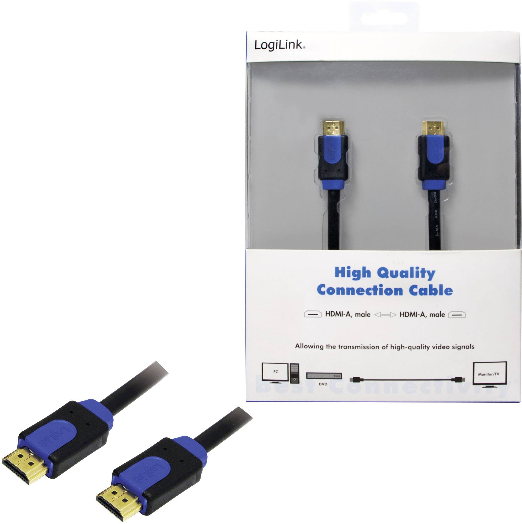 Eine Verpackung mit einem HDMI-Kabel von LogiLink, beschriftet mit 'High Quality Connection Cable'. Zeigt zwei männliche HDMI-Stecker.