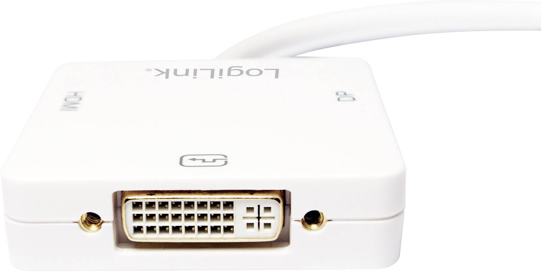 'Weißer LogiLink HDMI-zu-DVI-Adapter'. Oben ist das LogiLink-Logo sichtbar, unten befindet sich ein DVI-Anschluss.