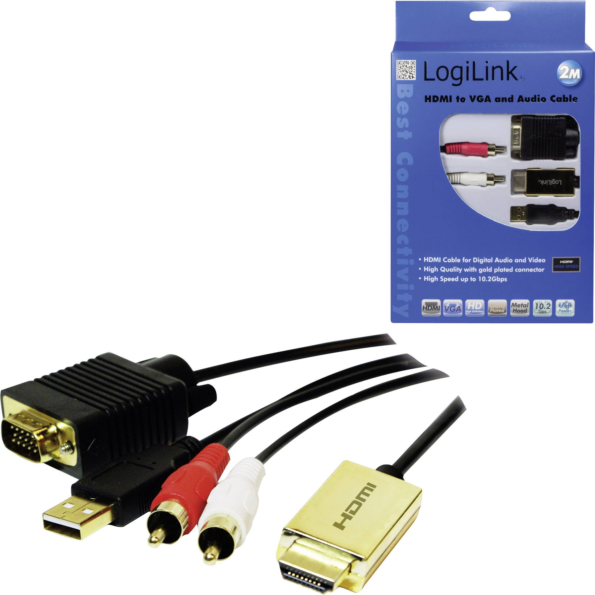 LogiLink CV0052A Adapter [1x HDMI-Stecker - 1x VGA-Stecker, Cinch-Stecker] Gold, Schwarz 2.00 m