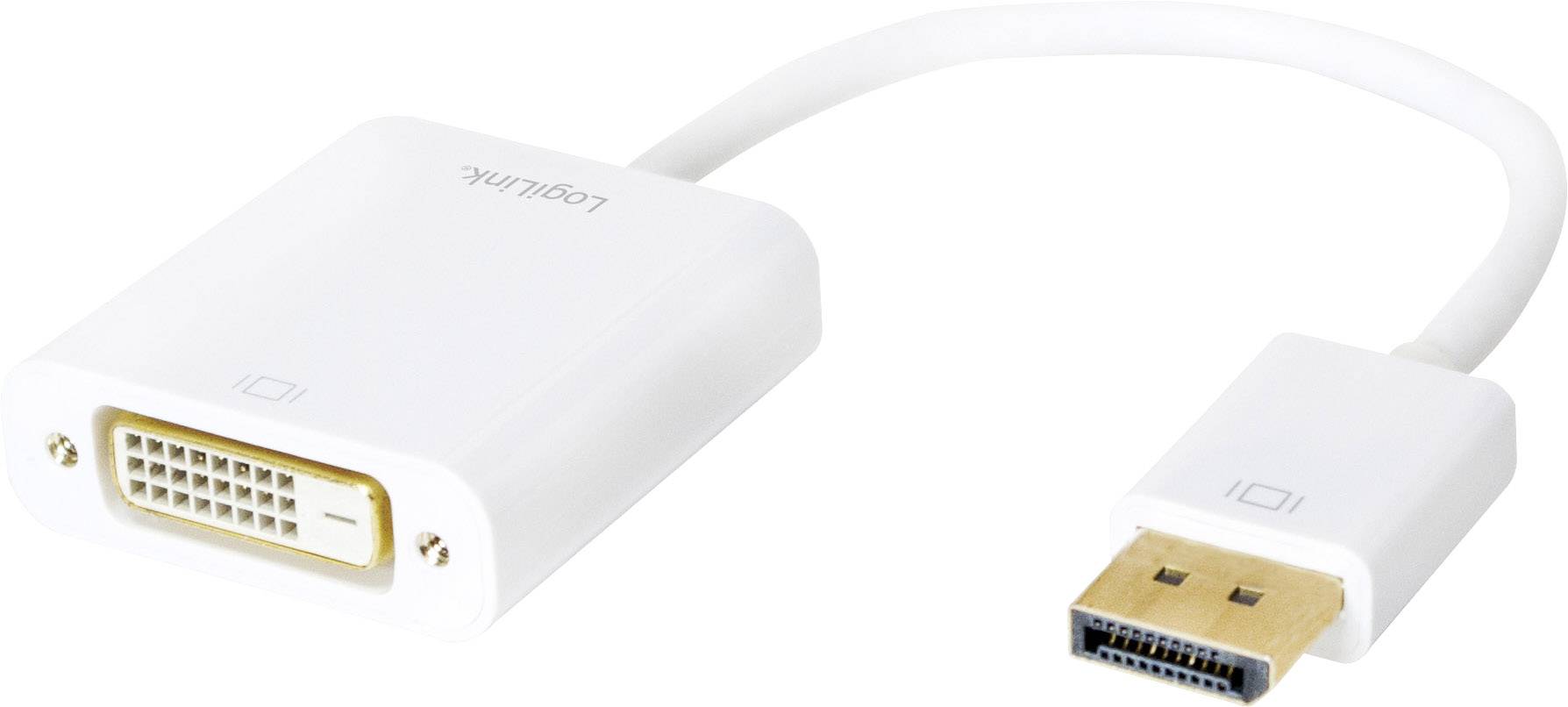 DVI-zu-DisplayPort-Adapterkabel. Weiß, mit einem DVI-Stecker auf der einen Seite und einem DisplayPort-Stecker auf der anderen Seite.