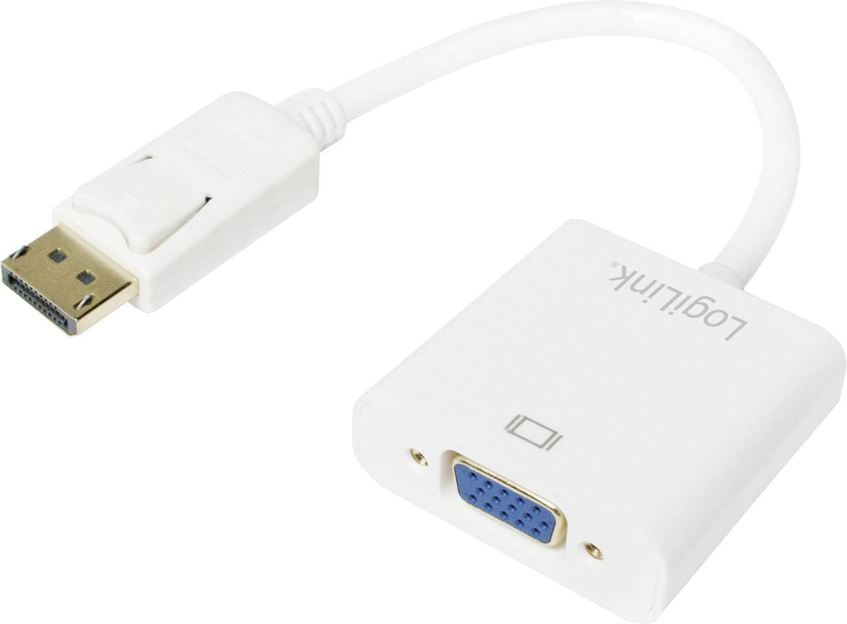 Ein weißer Adapter von DisplayPort auf VGA, mit einem kurzen Kabel dazwischen, zum Verbinden moderner Geräte mit älteren Monitoren.
