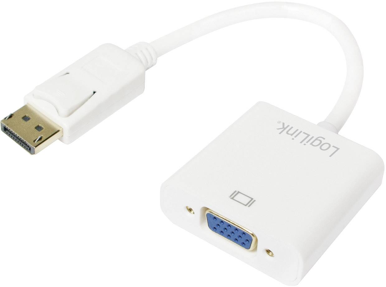 Ein weißer Adapter mit einem DisplayPort-Stecker und einer VGA-Buchse, verwendet für den Anschluss von Computern an ältere Monitore.