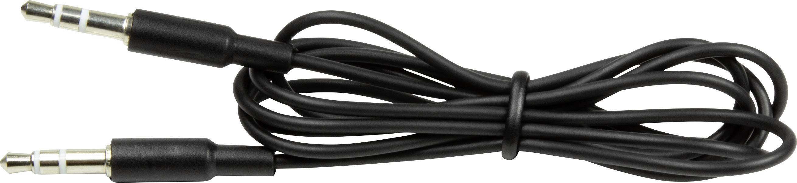 Schwarzes Audiokabel mit zwei 3,5-mm-Klinkensteckern, geeignet für den Anschluss von Audiogeräten wie Kopfhörer oder Lautsprecher.