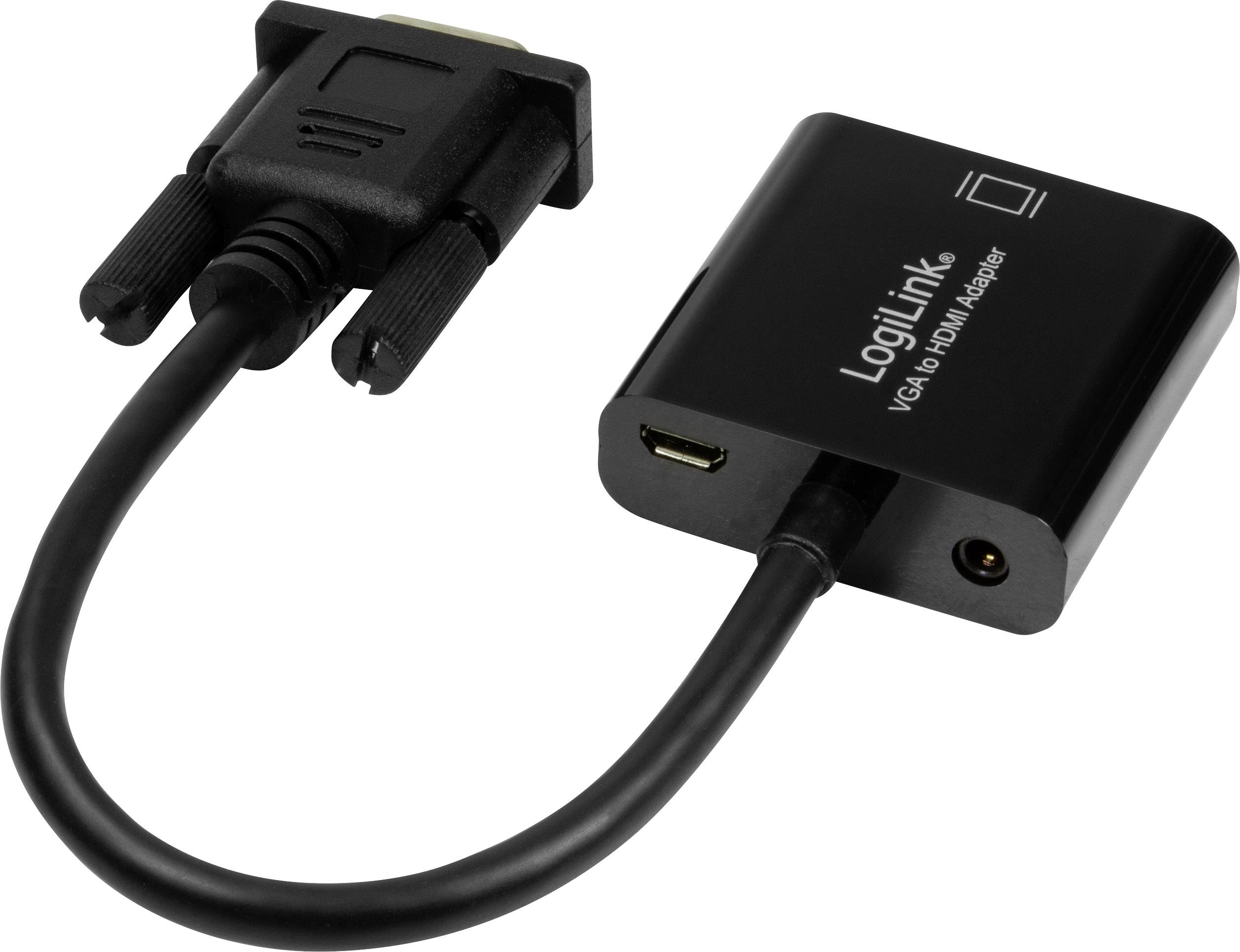 Ein VGA-zu-HDMI-Adapter von LogiLink. Schwarzes Gehäuse mit HDMI-Anschluss und VGA-Stecker, geeignet für Videoverbindungen.