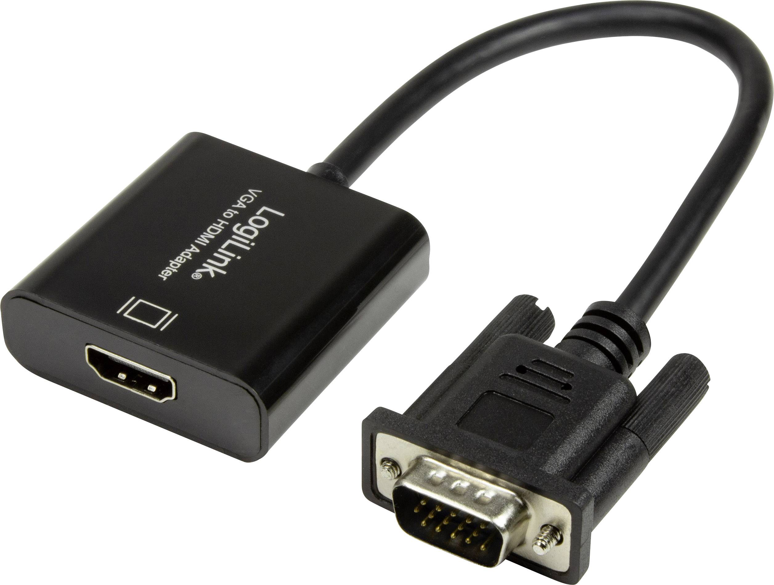 Ein VGA-zu-HDMI-Adapter mit schwarzem Kabel. Links ist der HDMI-Anschluss, rechts der VGA-Anschluss zu sehen.