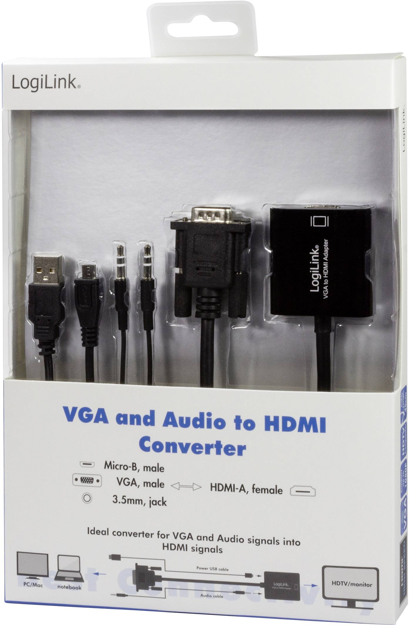 Verpackung eines LogiLink VGA- und Audio-zu-HDMI-Konverters mit mehreren Anschlüssen, darunter Micro-USB, VGA und 3,5 mm Klinkenstecker.