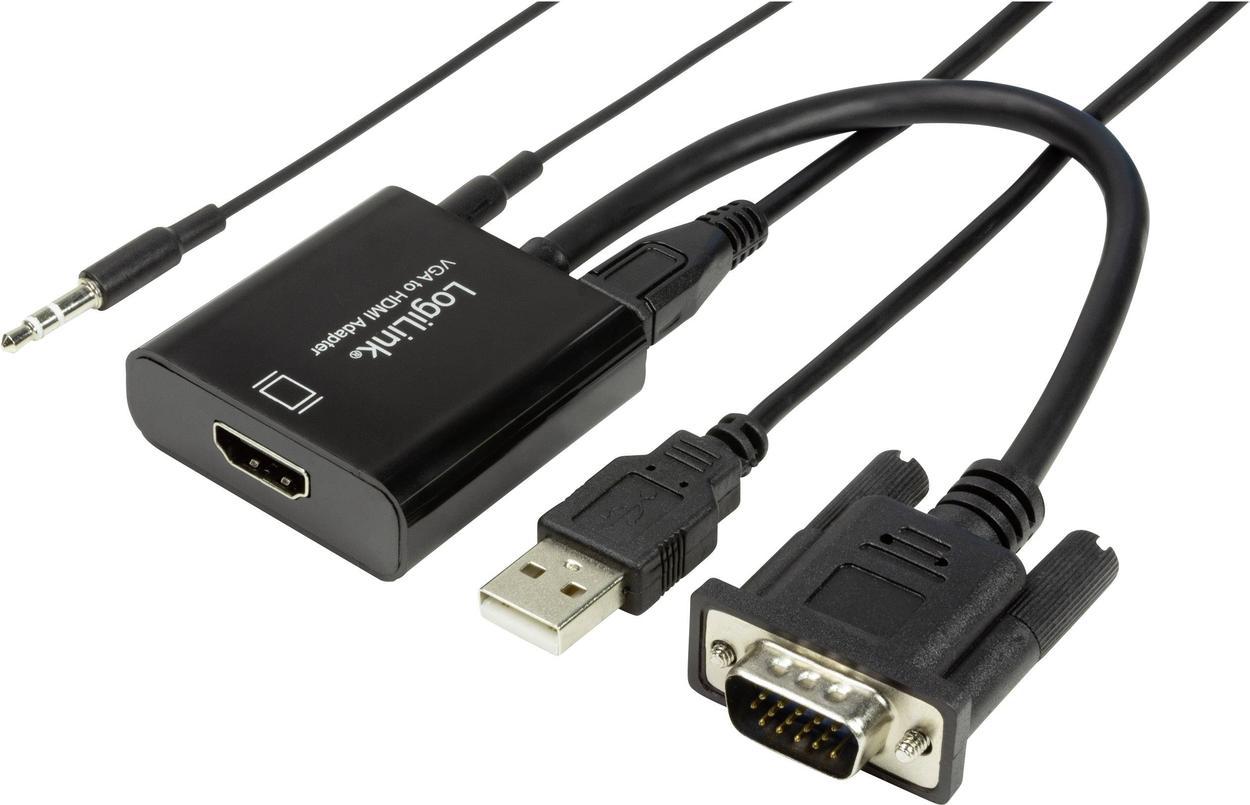 Ein Adapterkabel mit HDMI-, USB- und VGA-Anschlüssen; dient zur Verbindung verschiedener Geräte mit unterschiedlichen Schnittstellen.