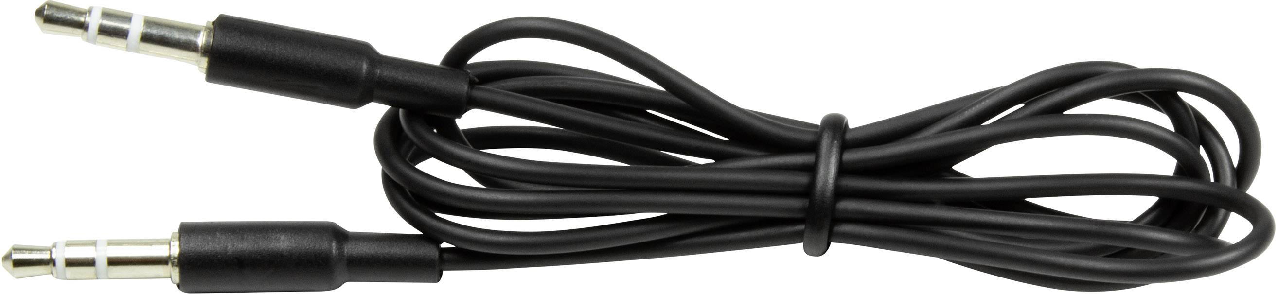 Schwarzes Audiokabel mit zwei 3,5-mm-Klinkensteckern, geeignet für den Anschluss von Geräten wie Kopfhörern oder Lautsprechern.