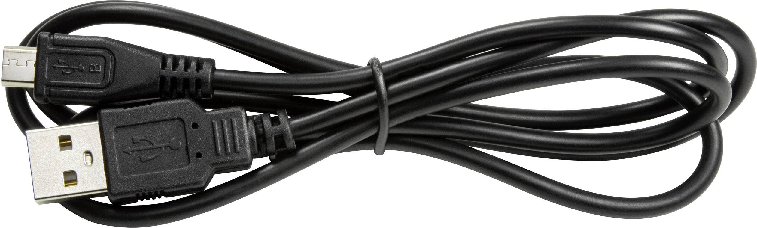 Schwarzes USB-Kabel mit einem Standard-USB- und einem Mini-USB-Anschluss, aufgerollt und fixiert.