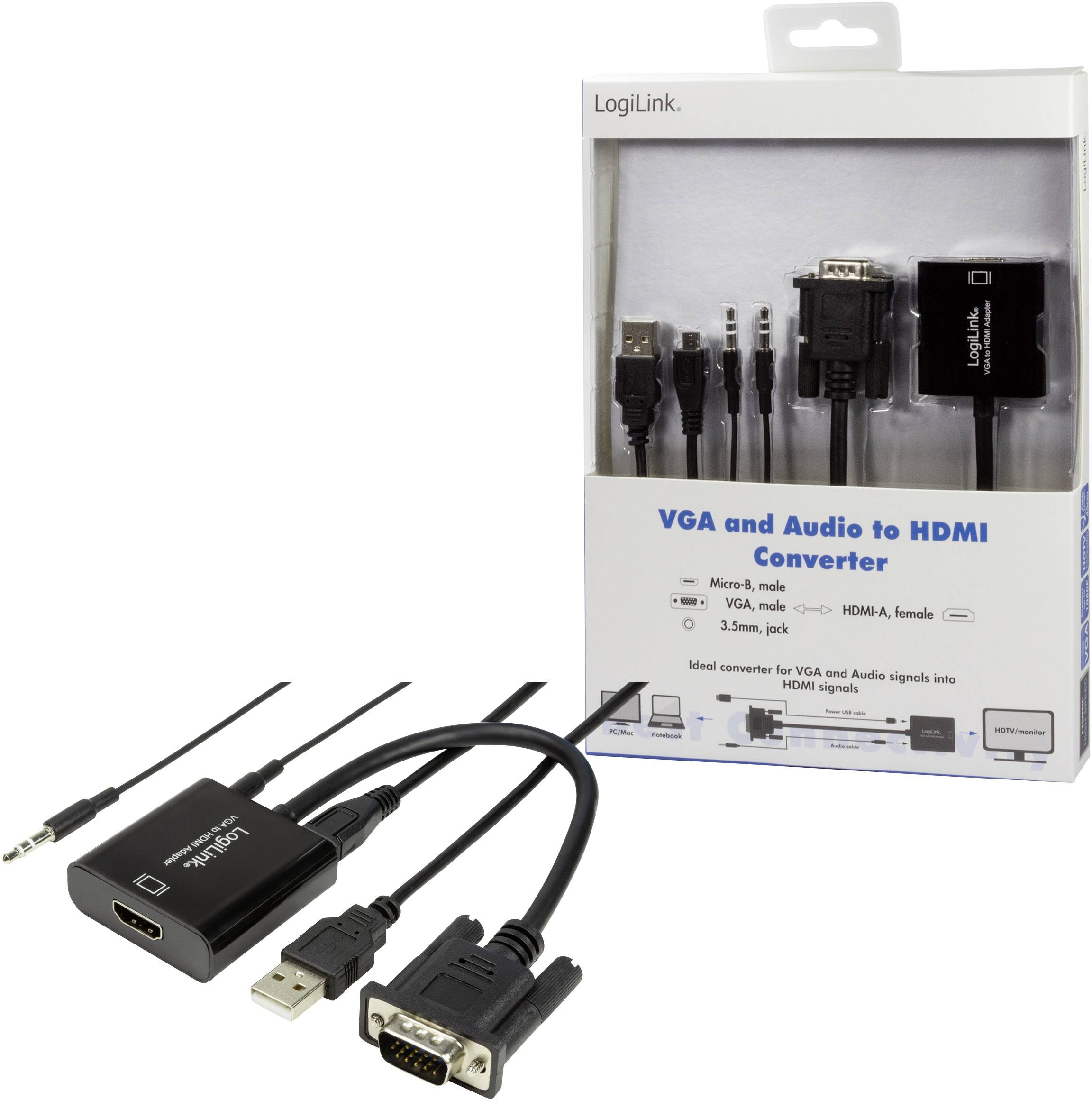 'VGA and Audio to HDMI Converter' von LogiLink mit VGA-, HDMI- und USB-Anschlüssen, geeignet zur Verbindung von VGA- und Audio-Signalen mit HDMI-Geräten.