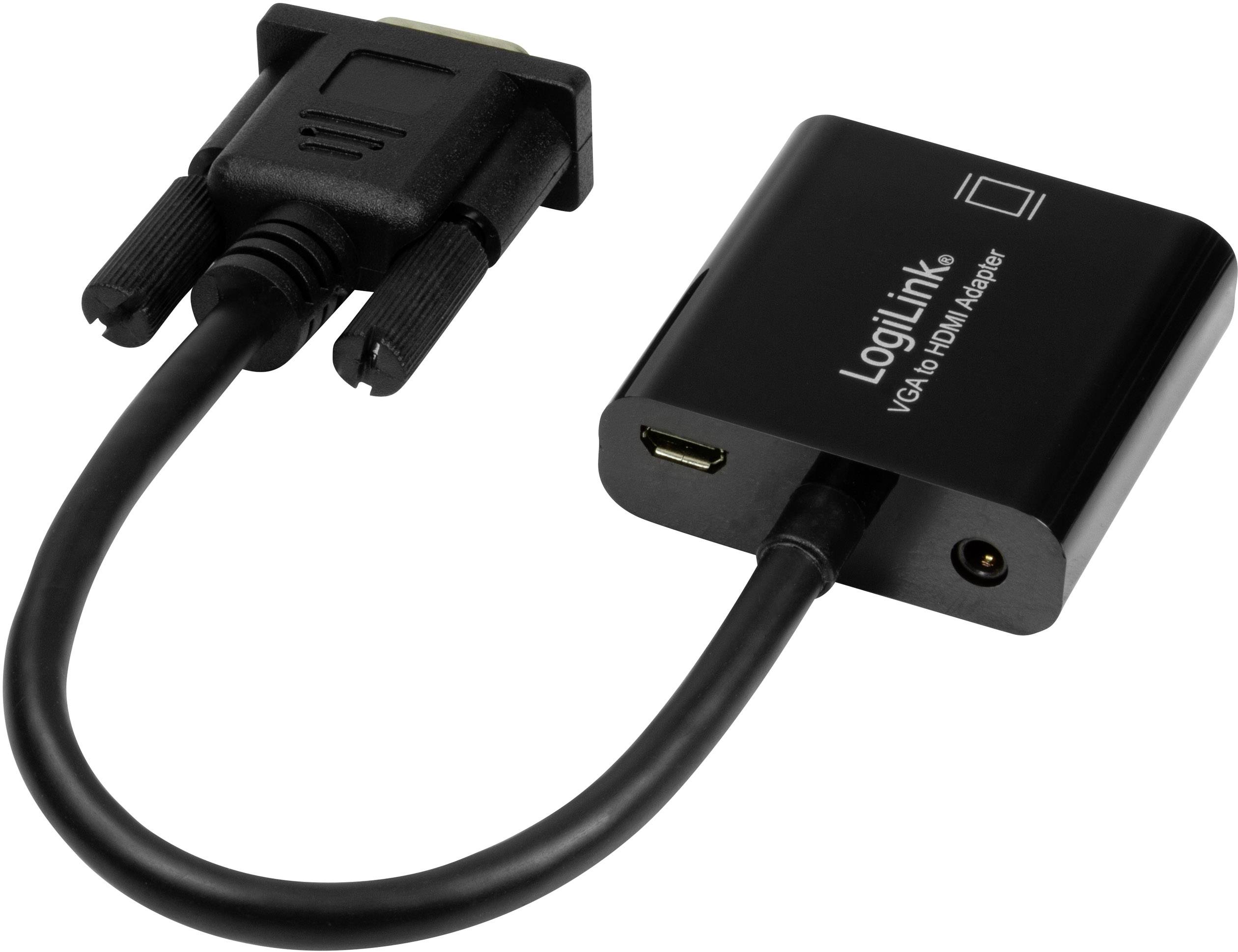 'LogiLink VGA zu HDMI Adapter' zeigt ein Kabel mit VGA-Anschluss auf der einen Seite und HDMI sowie USB-Micro- und Audio-Anschlüssen auf der anderen.