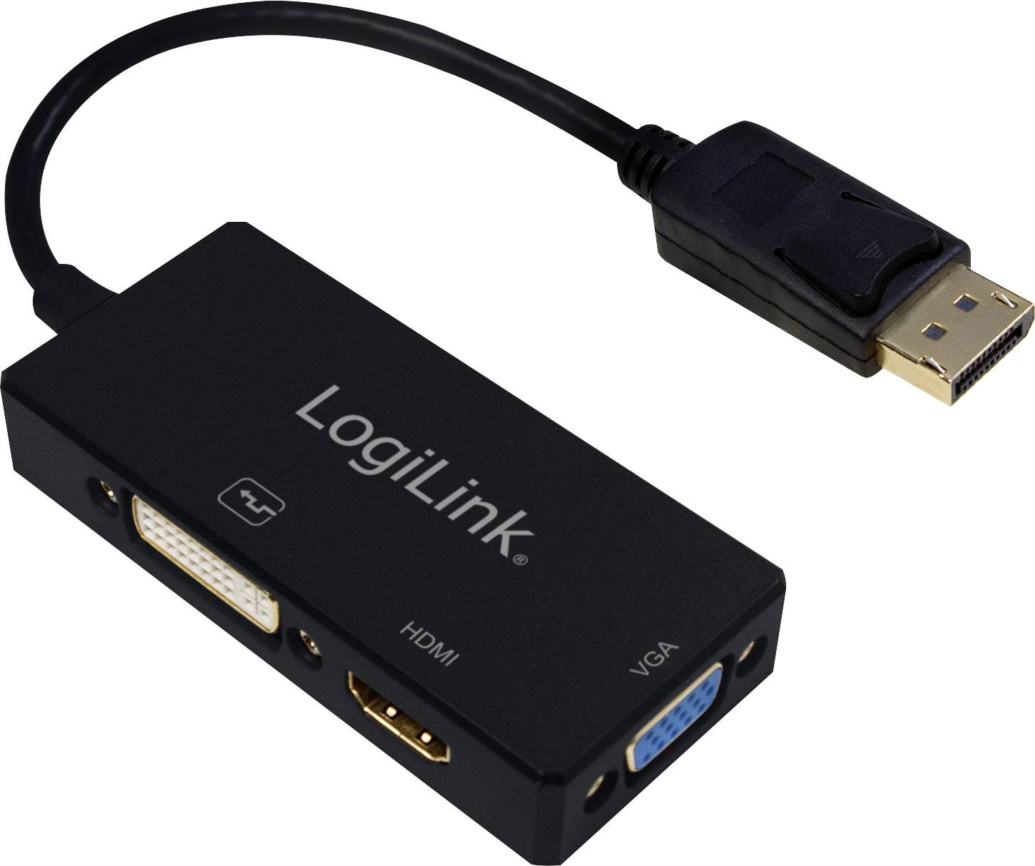 Ein Adapter mit DisplayPort-Stecker und drei Ausgängen: HDMI, DVI, VGA, zur Verbindung eines Geräts mit unterschiedlichen Monitoren.